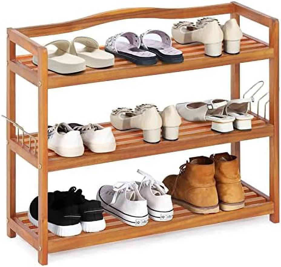 HVSDIMO 5-Tier Shoe Rack  Acacia Wood Shoe  with Side Metal Hooks  Holds up 12-18 Pairs  Shoe Organizer  Shoe   Wooden Shoe Rack for Entryway  33\u2019\u2019Lx10.5\u2019\u2019Wx32.5\u2019