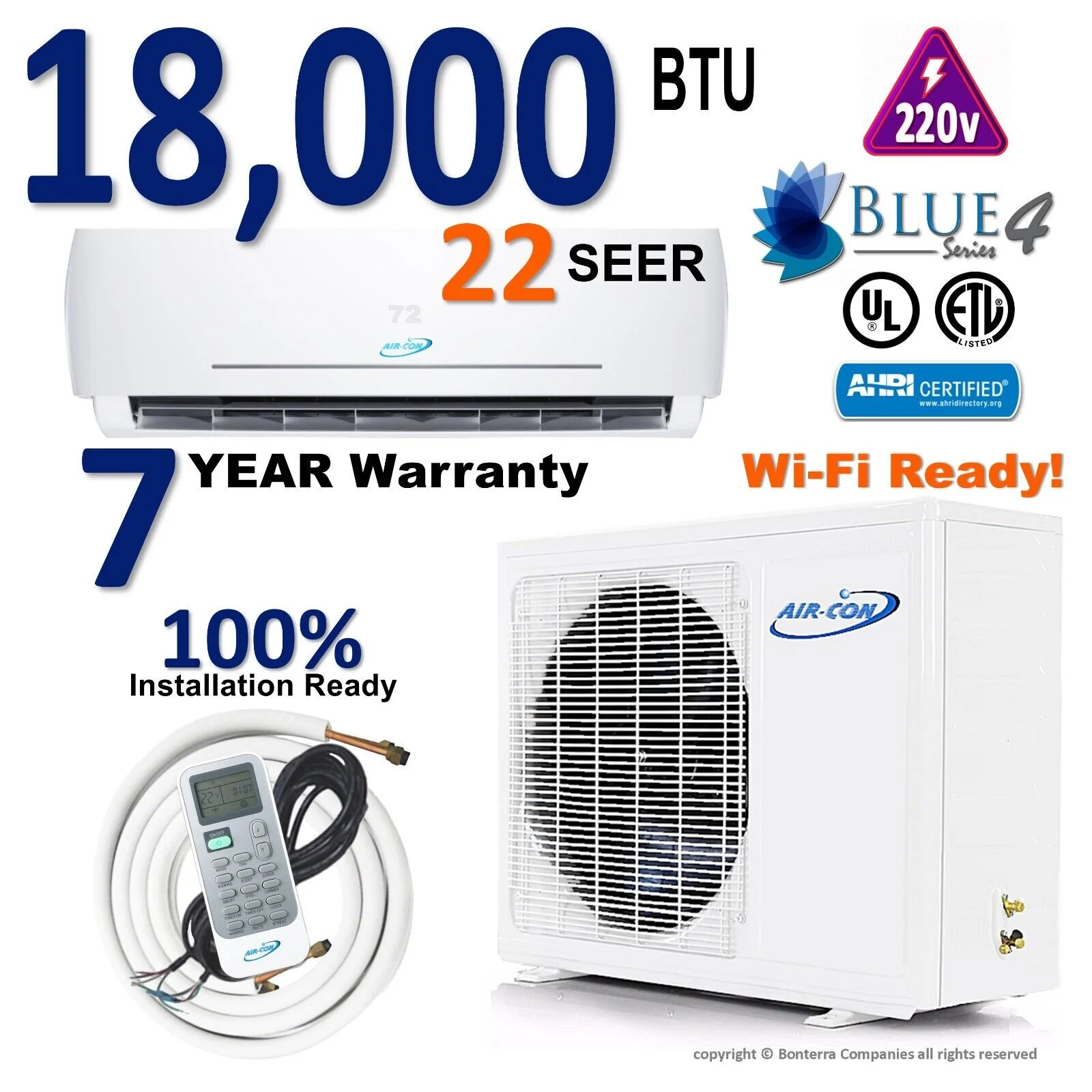 Air-Con 18000 BTU Blue 4 Mini Split AC Heat Pump Ductless 22 Seer 220v