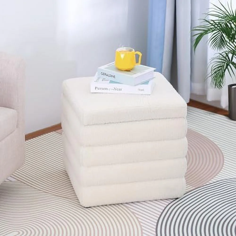 CGFHYP Teddy Square Ottoman White Small  Ottoman Cube Ottoman for Living Room Sherpa Foot Stool Boucle Vanity Stool with