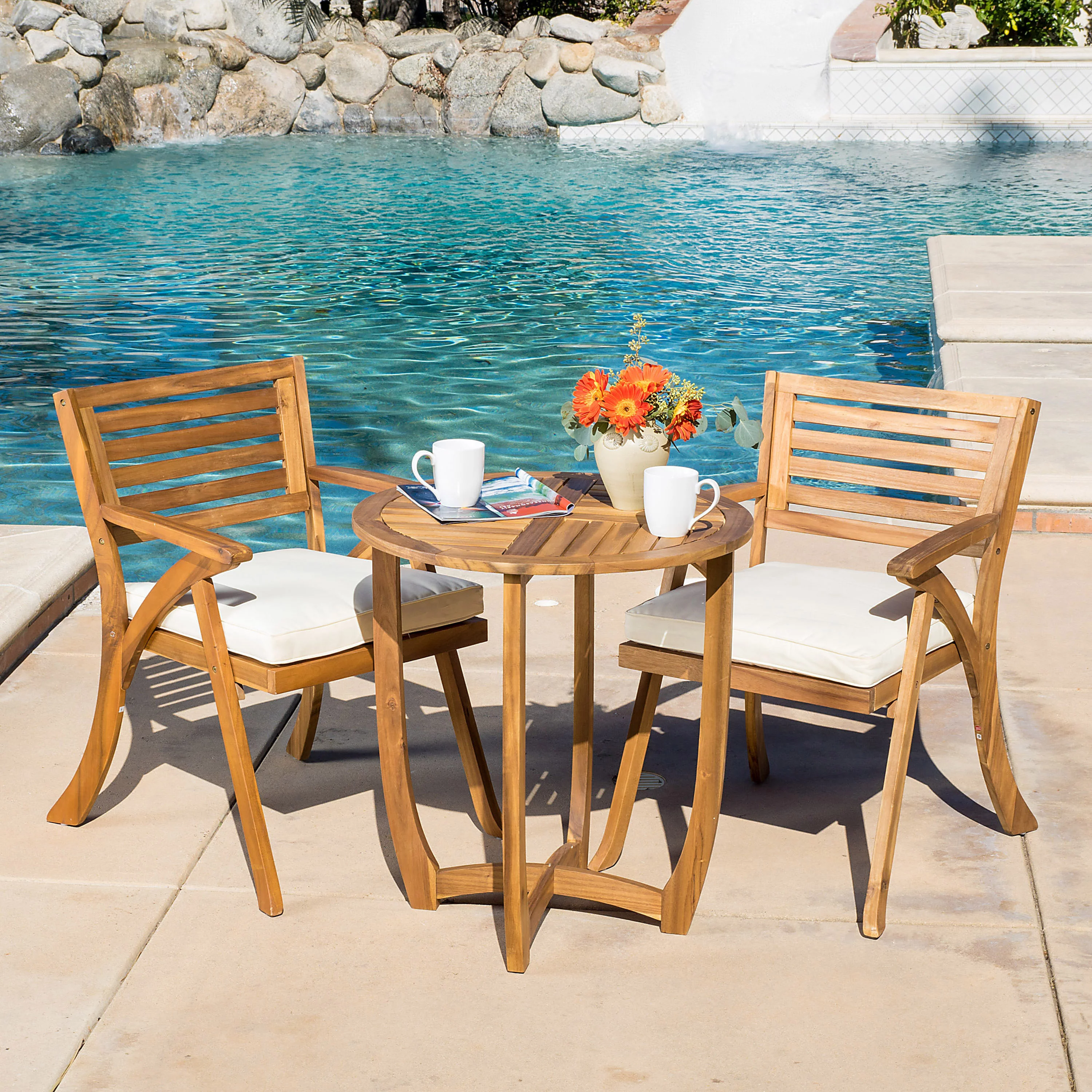 GDF Studio Baia Outdoor Acacia Wood 3 Piece Bistro Set with Cushion, Teak and Cream