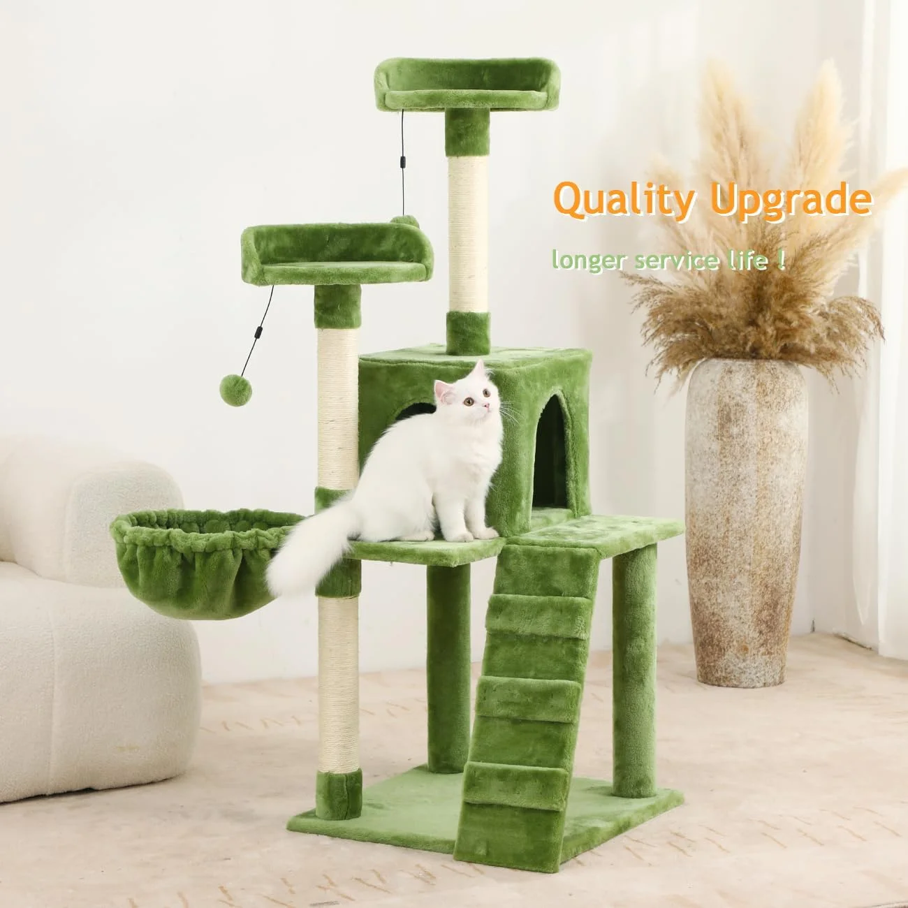 54in Cat Tree Cat Tower Condo Furniture Scratch Post with Natural Sisal Rope, Hammock & Cradle for Cats Kittens, Tall Cat Climbing Stand with Plush Perch & Toys Green(N)