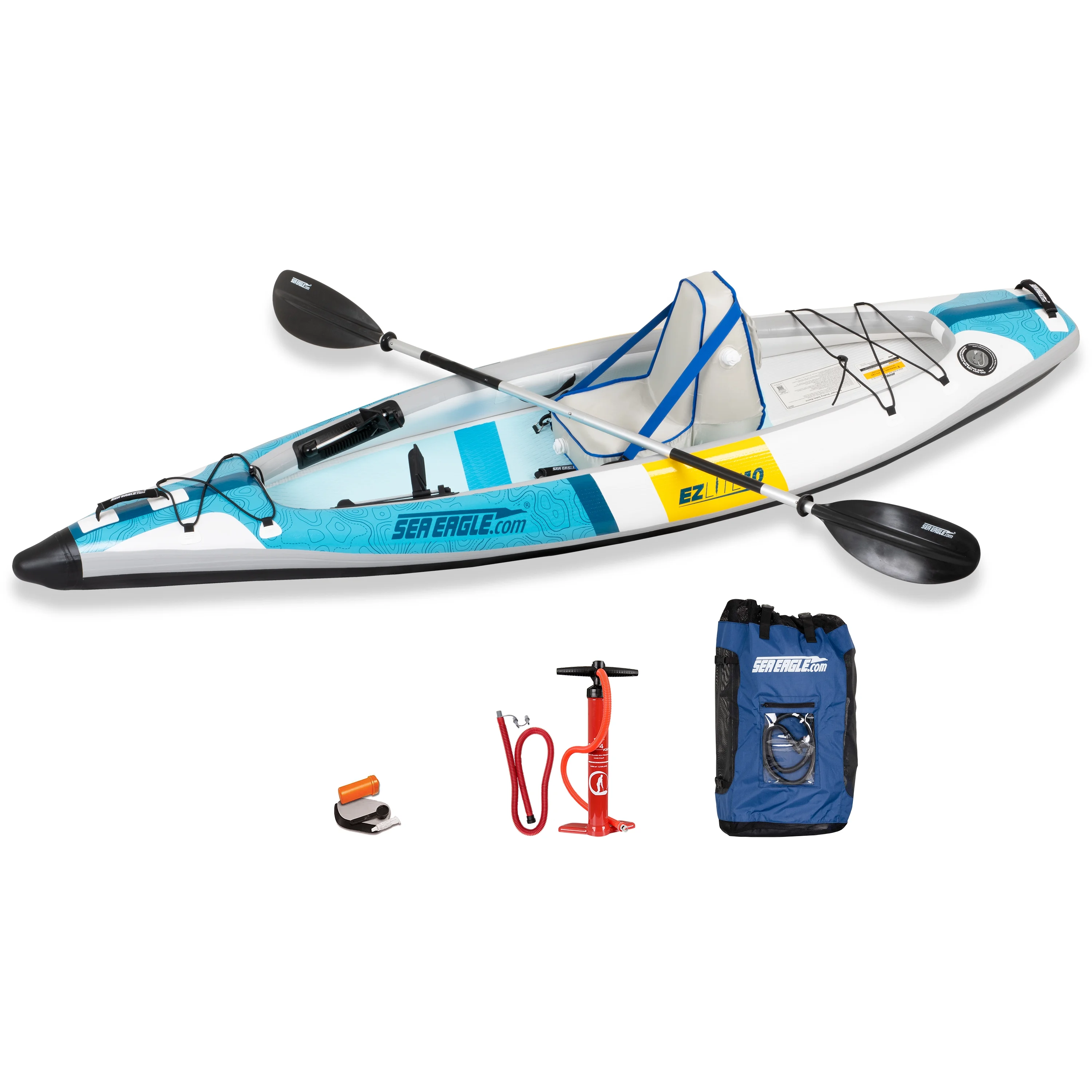 Sea Eagle EZLITE10 Ultralight, All Woven, Drop Stitch, Rigid, High Performance, Easy Setup, 10' Solo Inflatable Kayak - Deluxe Package