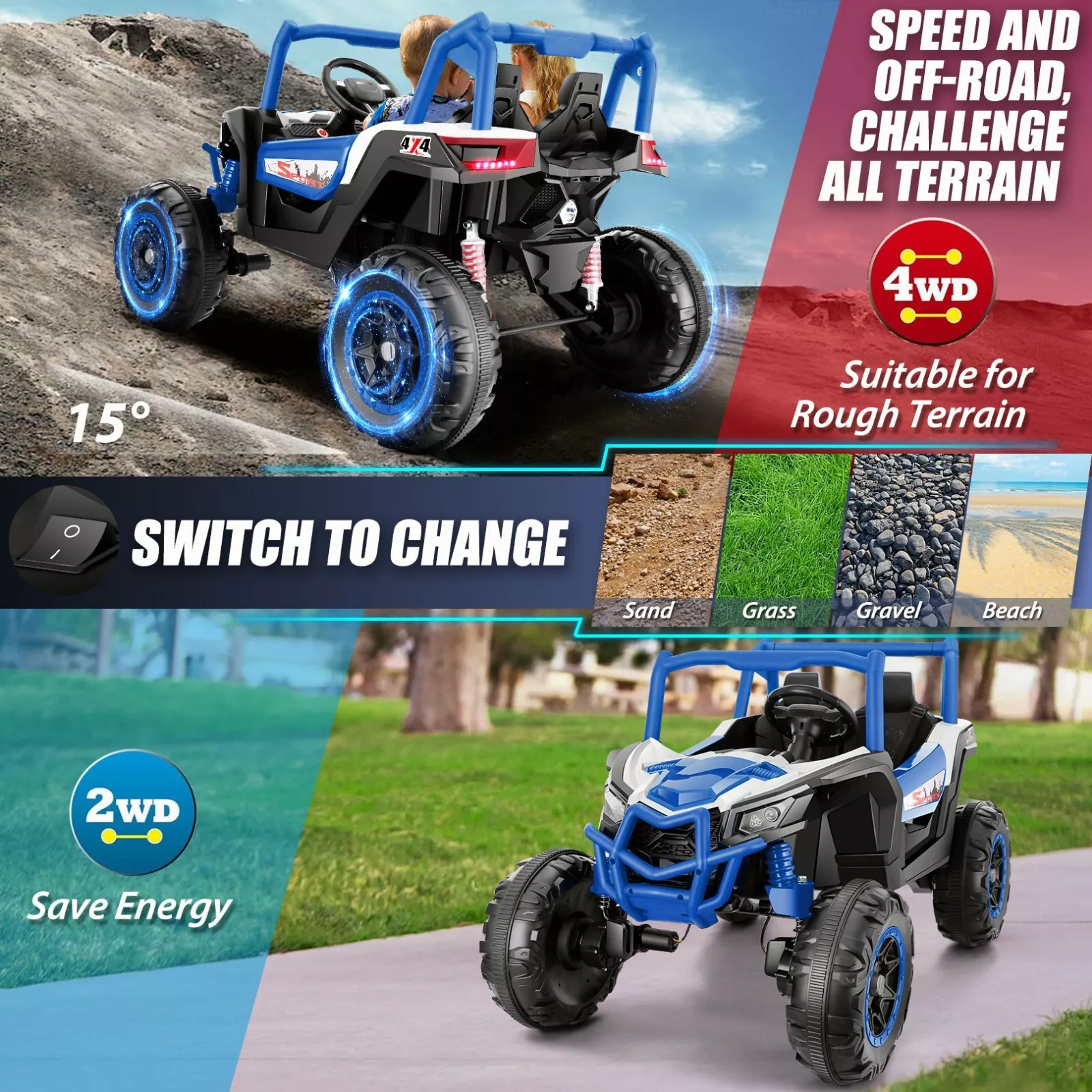 ZOGYMOZ 24V 2 Seater Kids UTV Ride On Buggy, 4x4 Off-Road Battery Powered Electric Car with Remote Control