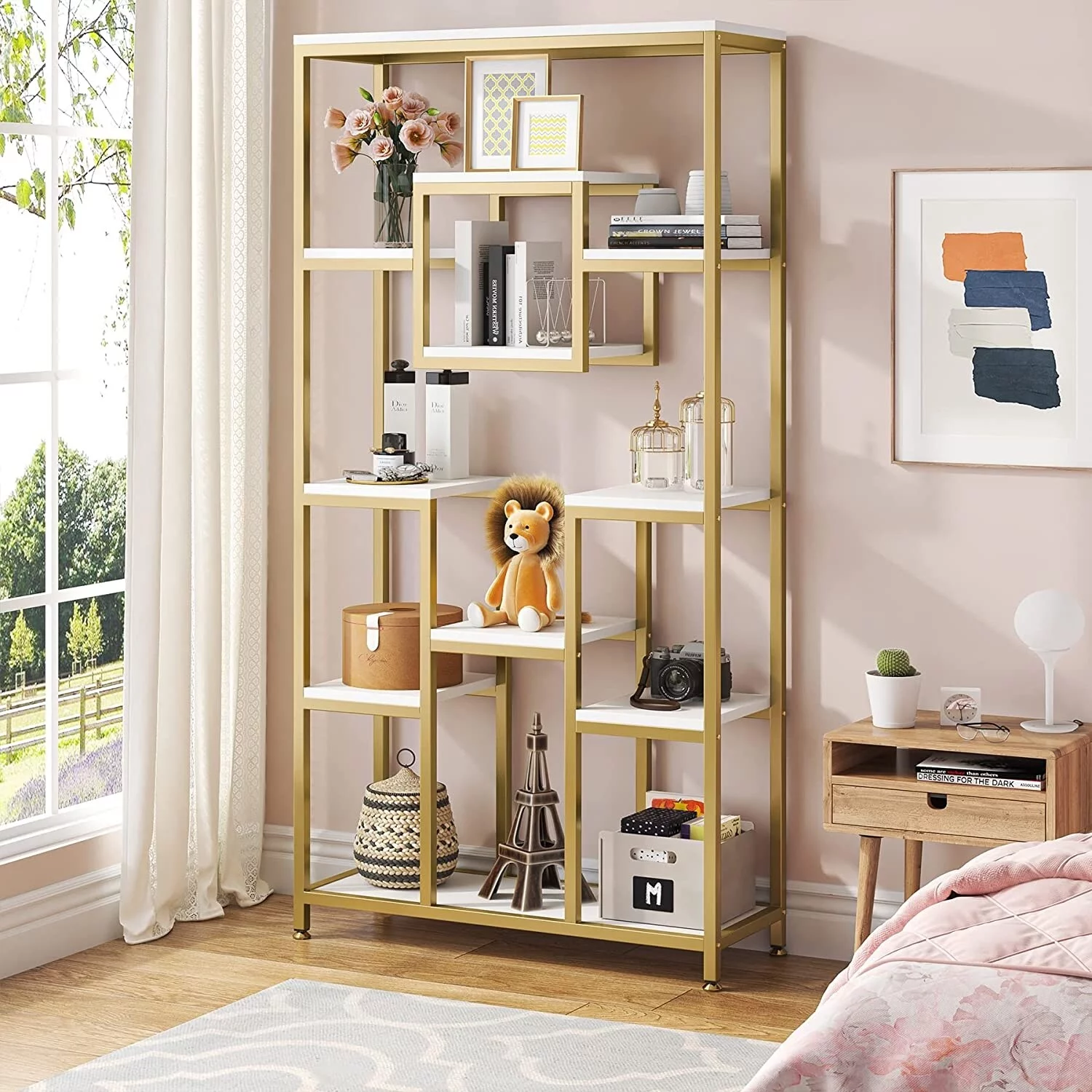 Lee 71 Inch Tall Bookshelf, Freestanding Geometric Bookcase, White and Gold