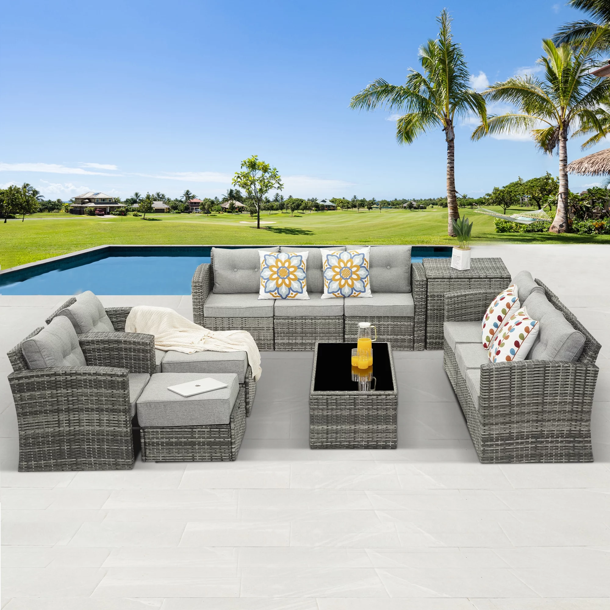 Outdoor Patio Furniture, 12 Pieces Wicker Conversation Set Outdoor Sectional Sofa, Aluminum Frame, Grey