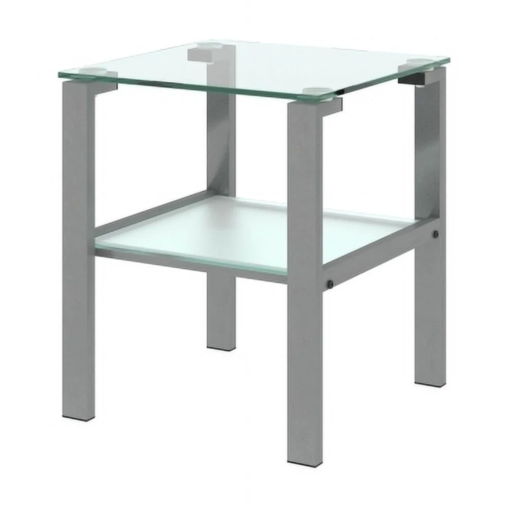 Tempered Glass Side Table Clear Glass & Solid Metal Legs Modern Simple Style (Gray)