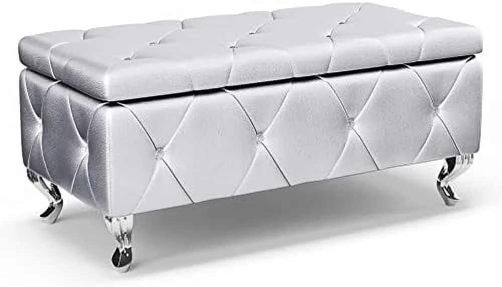 JYHOME Ottoman  23'' Upholstered Silver Faux Leather Ottoman with Crystal Tufted Button  Flip Top Foot  Bench for Bedroom End of Bed  Living Room