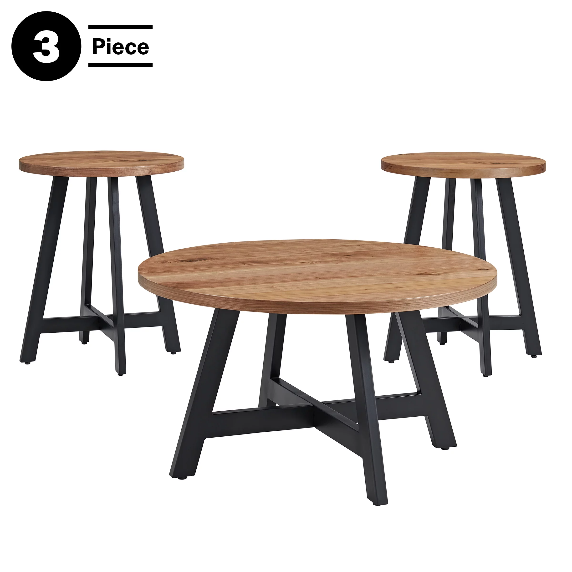 Lavish Home 3PC Industrial Round Coffee Table Set with Side Tables (Walnut)