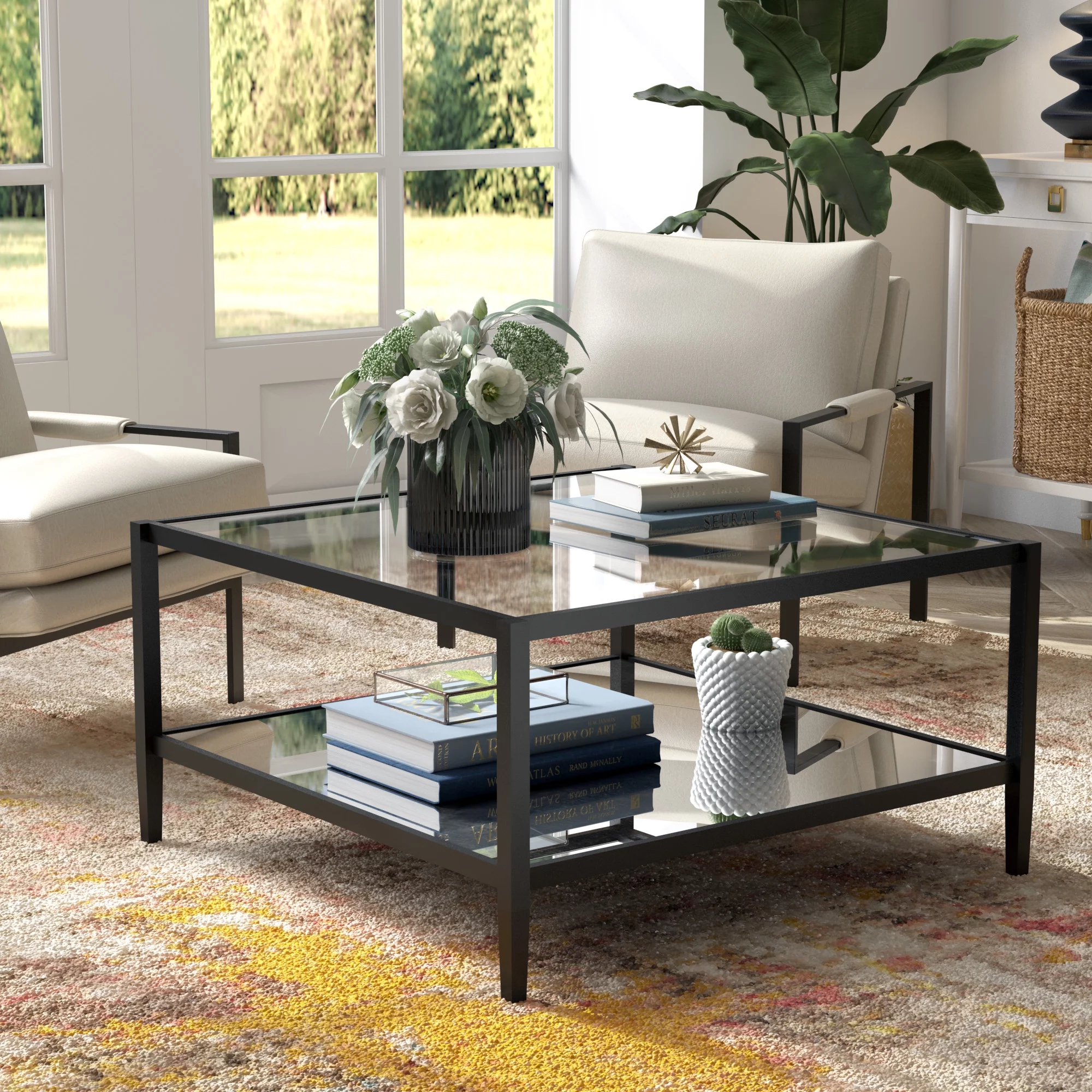 Evelyn&Zoe Modern Square Coffee Table with Glass Top