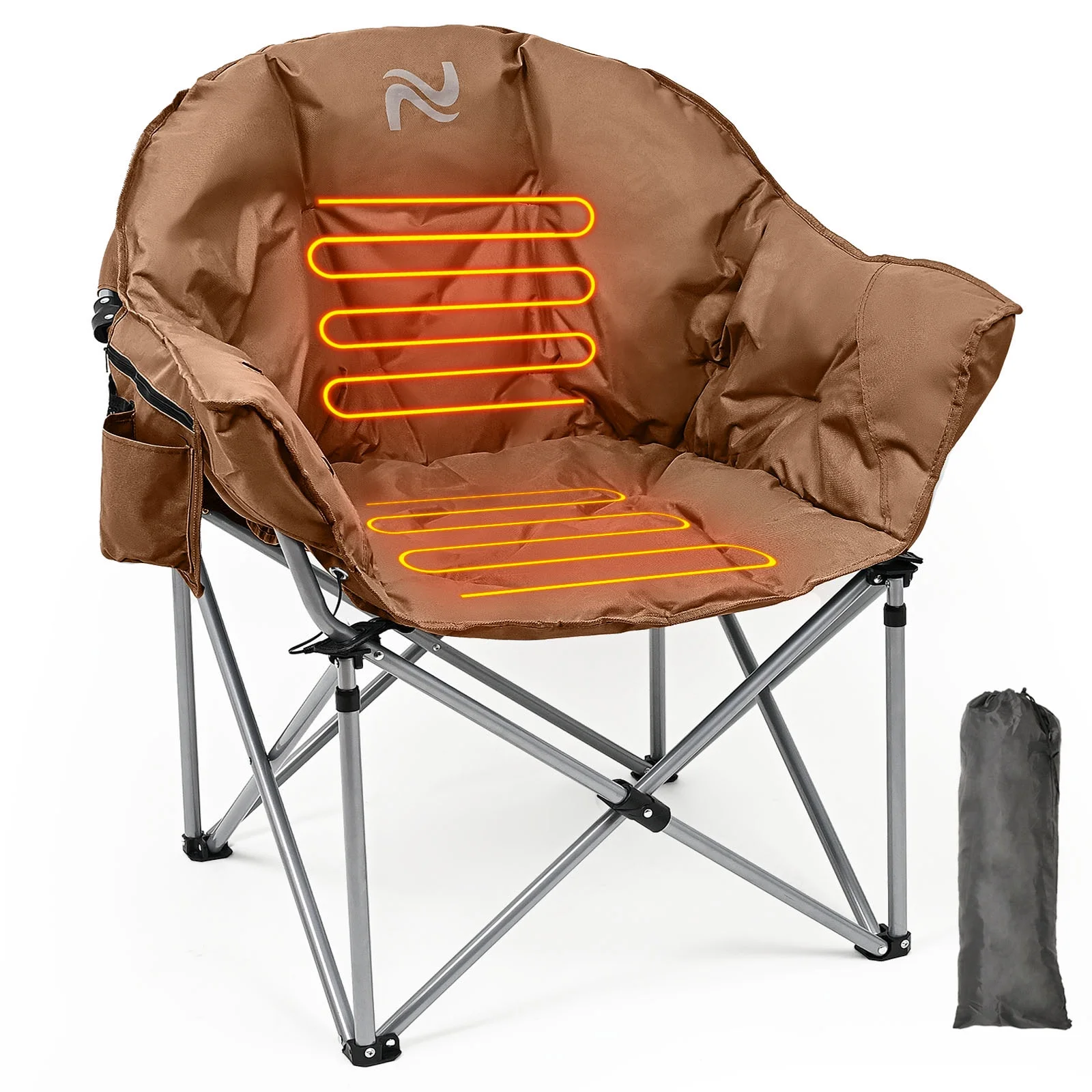 Slsy Oversized Heated Camping Chair, Padded Camp Chair with 3 Heat Levels, Portable Folding Heated Chair Round Moon Saucer Folding Lawn Chair Outdoor Chair