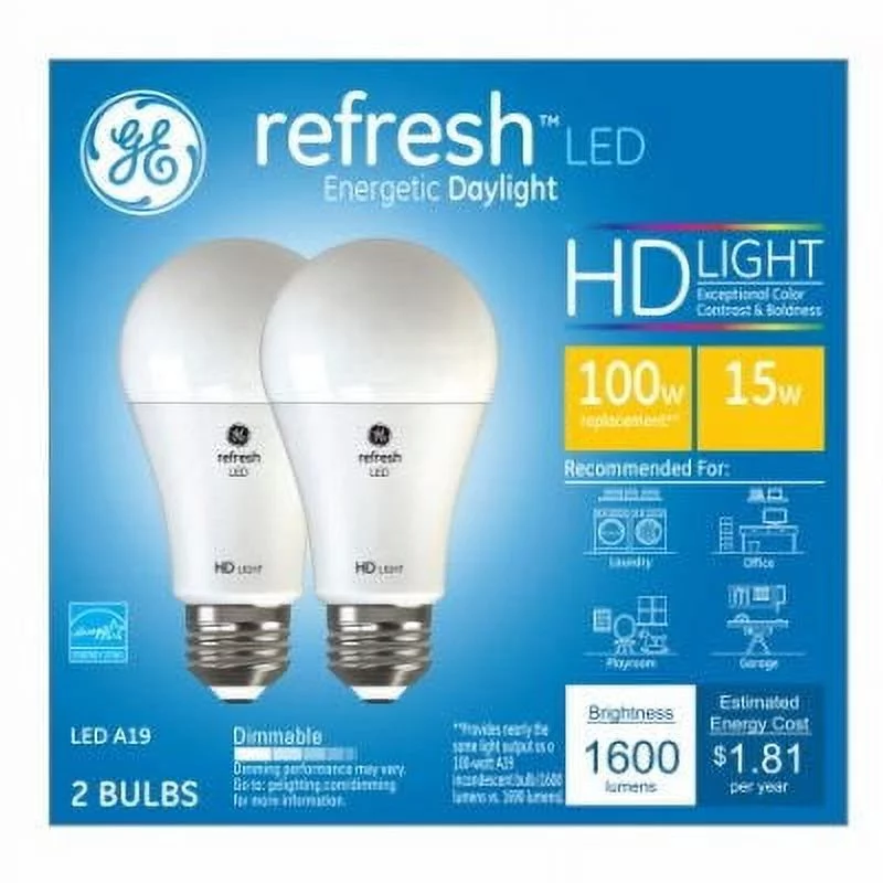 GE Refresh HD LED Light Bulbs, Daylight, 1600 Lumens, 15-Watts, 2-Pk. 1 Pack