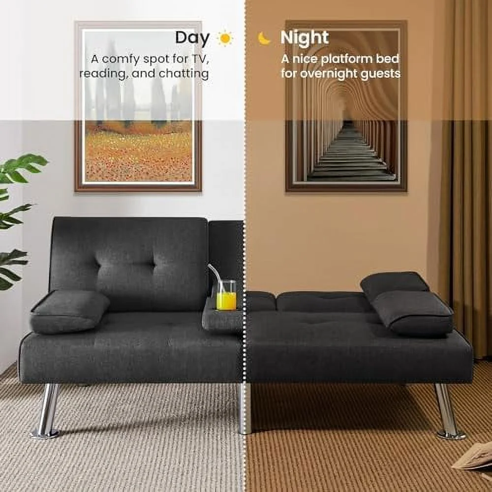 JYHOME Convertible Sofa Bed Adjustable Couch Sleeper Modern Faux Leather Recliner Reversible Loveseat Folding Daybed Guest Bed  Removable Armrests  Cup Holders  3 Angles  772lb Capacity