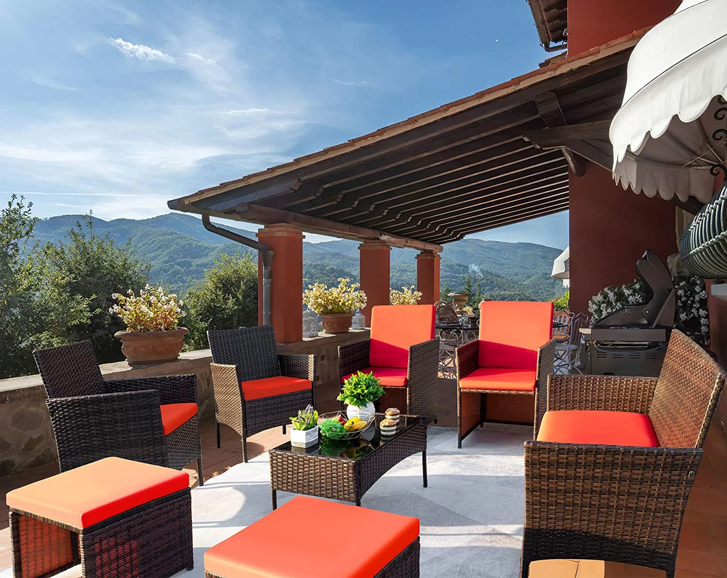 Vineego 8 Pieces Patio Furniture Set Outdoor with Ottoman and Strong Steel Frame with 6 seats