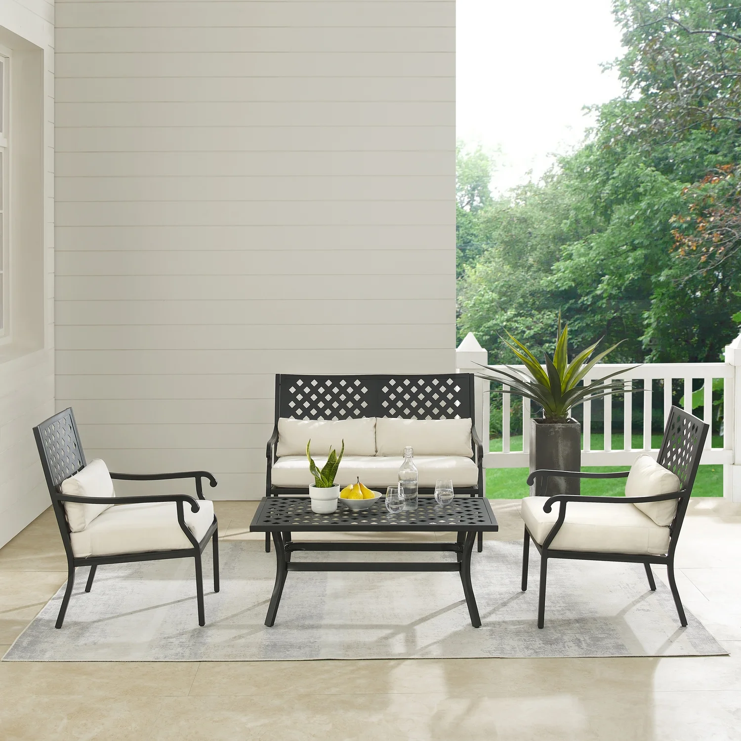 Maykoosh Antique Appeal 4Pc Outdoor Metal Conversation Set Creme/Matte Black - Loveseat, Coffee Table, & 2 Armchairs