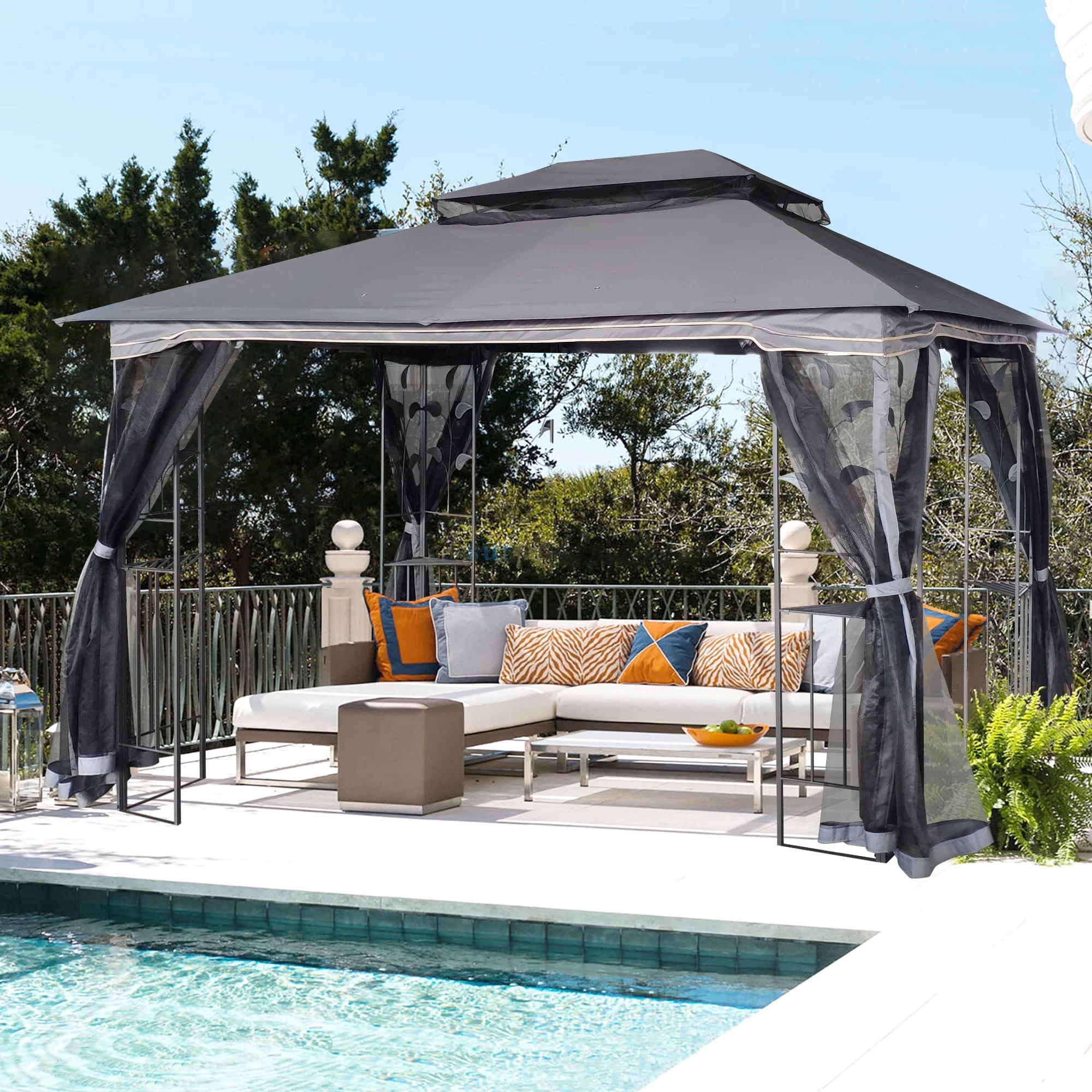13x10 Outdoor Patio Gazebo Canopy Tent With Ventilated Double Roof And Mosquito net,Gray Top