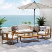 GDF Studio Saman Outdoor 4 Seater Acacia Wood Chat Set with Cushions, Teak and Beige