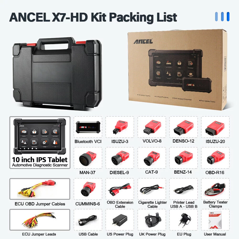 ANCEL X7 HD Heavy Duty Truck Scanner Tablet Diesel Truck Diagnostic Tool ECU Coding Full System Bidirectional Control Free 15 Reset Services,24V Truck 12V Car 2in1 Code Reader, Gift:Car Battery Tester
