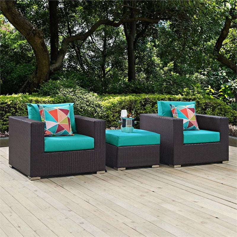 Afuera Living 3-Piece Rattan Aluminum Patio Sofa Set in Espresso / Turquoise