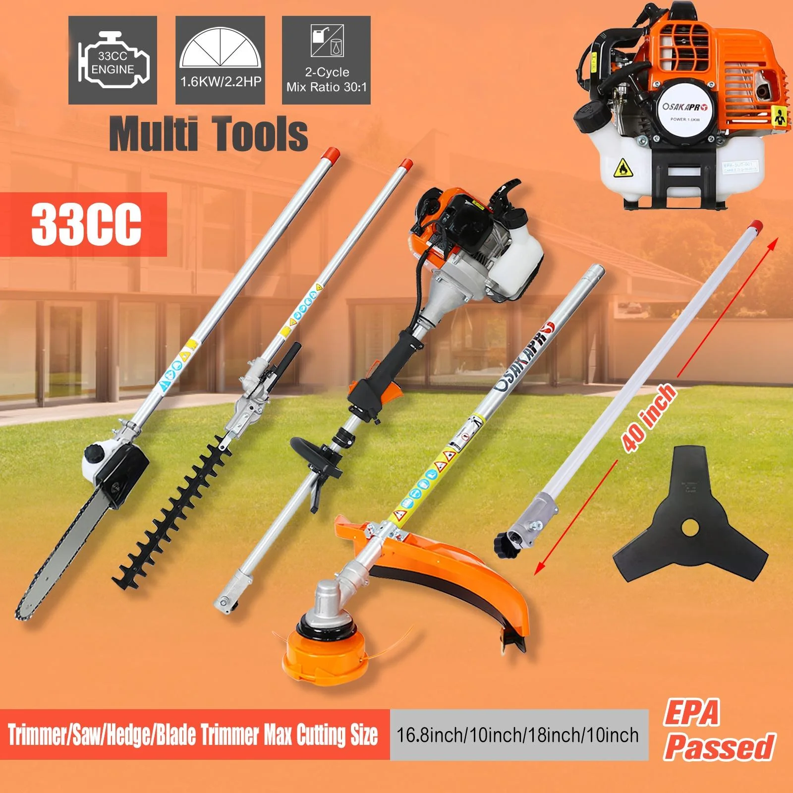 10-IN-1 String Trimmer Gas Powered, 33cc Multi-Functional Weed Eater Set w/2 Stroke Engine, Adjustable 90° Hedge Trimmer, 10