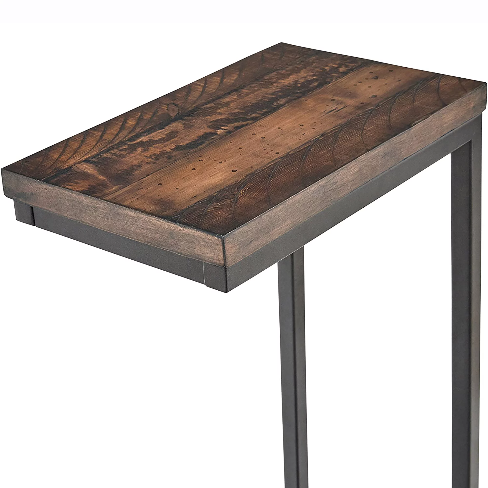 Durham Industrial Metal and Wood C-Shaped Accent Table, Brown/Walnut
