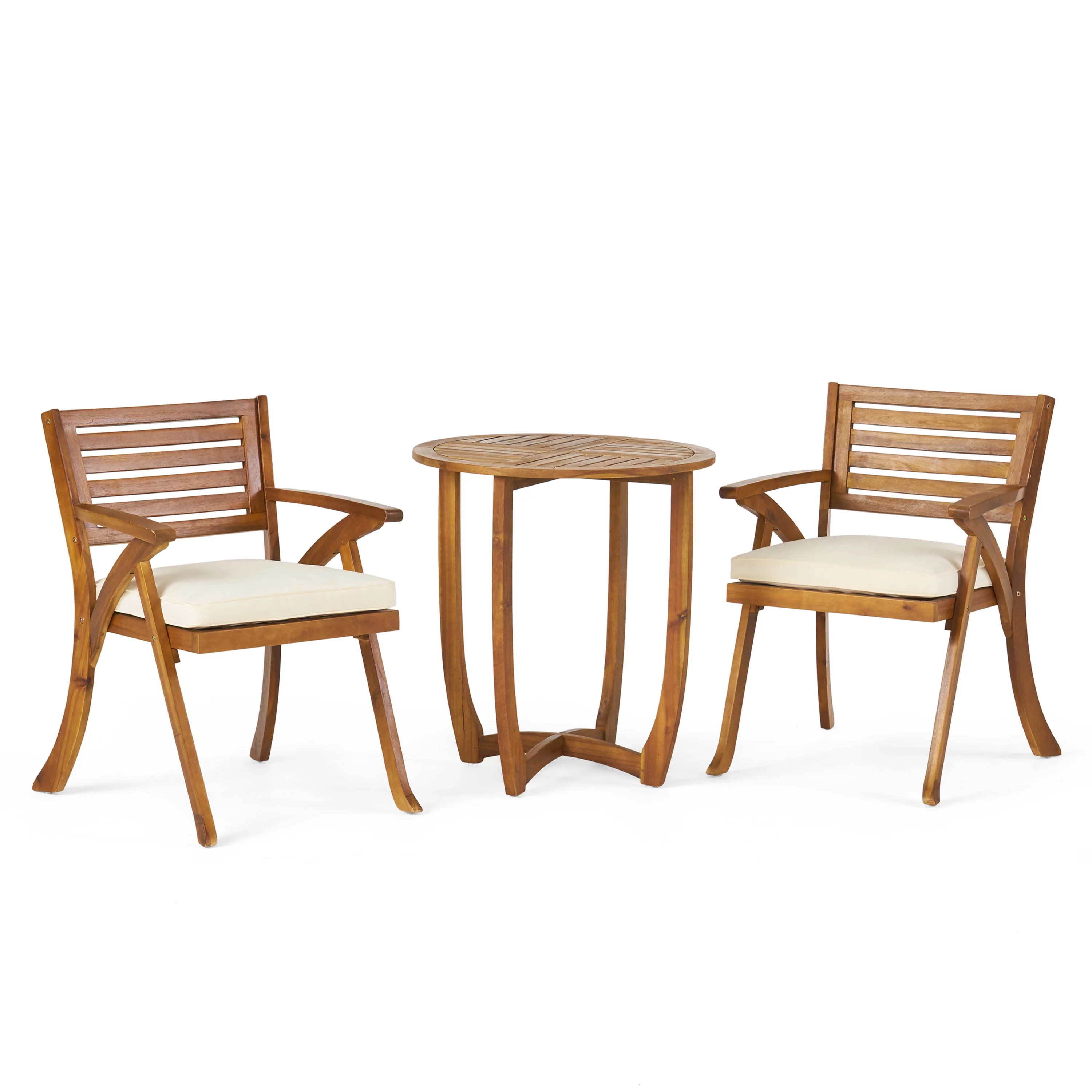 GDF Studio Baia Outdoor Acacia Wood 3 Piece Bistro Set with Cushion, Teak and Cream