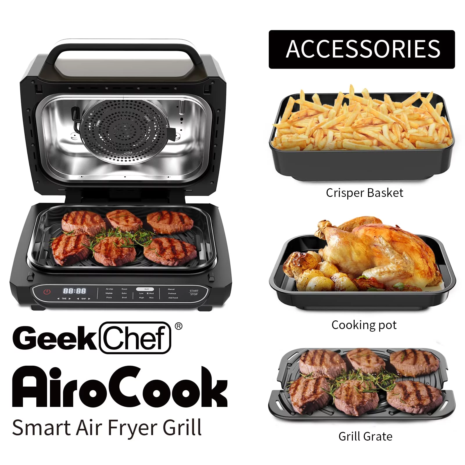 Geek Chef Smart Indoor XL Air Fryer Grill Combo,40 Recipes & 7-in-1 Cooking Functions, Smokeless & Oilless Cooker, Digital Electric Countertop Grill, Temp & Time Control, ETL Certified, 1700W, Black