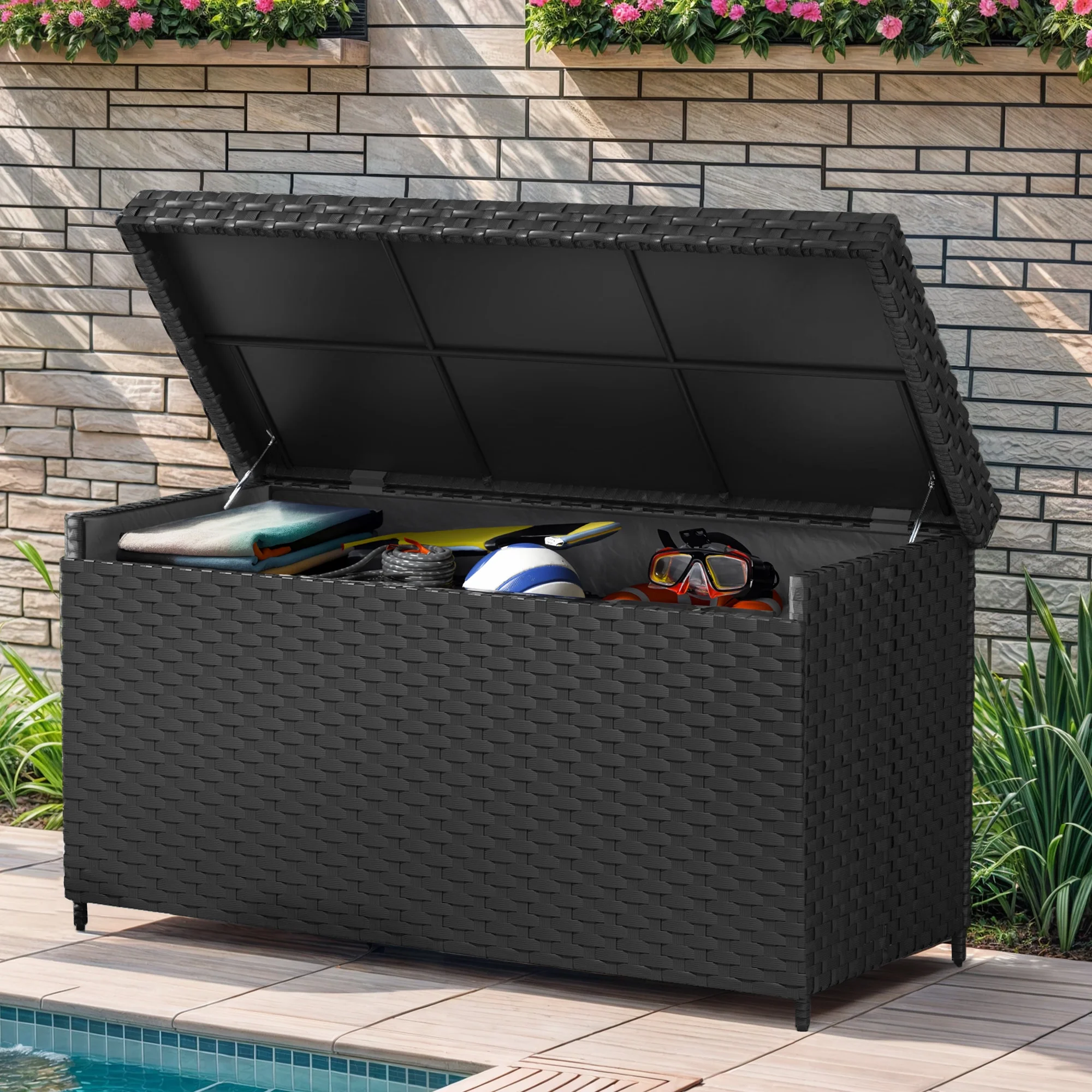 ModFusion 170 gal Black Patio Deck Box, 33”H x 60”L x 27”W Rattan Steel Storage, Lockable, UV Protected
