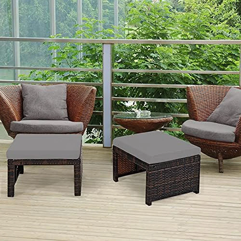 MQLIFEBOOM 2 Piece Patio Wicker Ottomans  Outdoor Foot  with Cushions  PE Rattan Footstool for Patio  Garden  Poolside  Turquoise