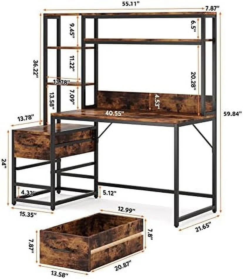 HBROLJF 55 Inch Computer Desk with 2 Drawers and  Shelves  Wihite Office Desk with Hutch  Modern Study Writing Gaming Table Laptop Workstation for Home Office (White)