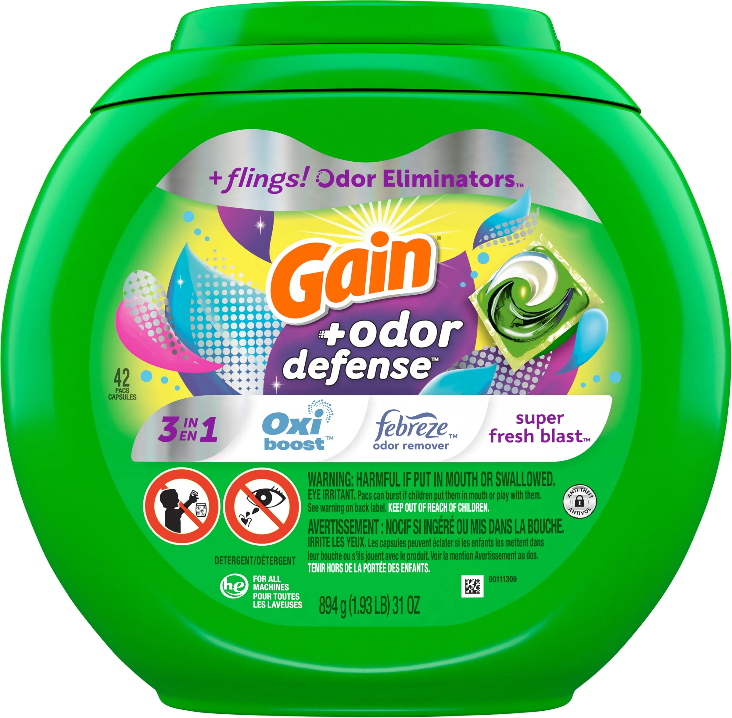 Gain Flings Super Fresh 3-in-1 with Febreze and Oxi Odor Defense Liquid Laundry Detergent Pacs - 31oz/42ct
