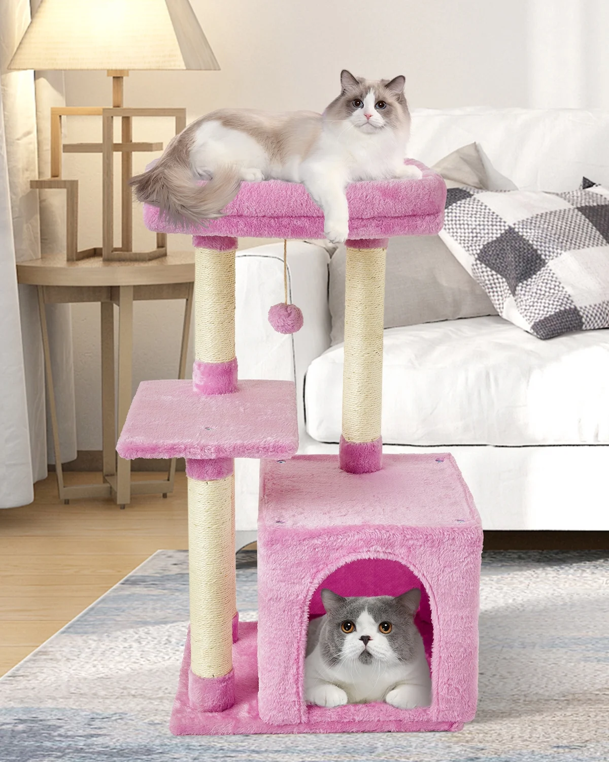Cat Tree Cat Tower Cat Condo Sisal Scratching Posts with Jump Platform and Cat Ring Cat Furniture Activity Center Kitten Play House PINK
