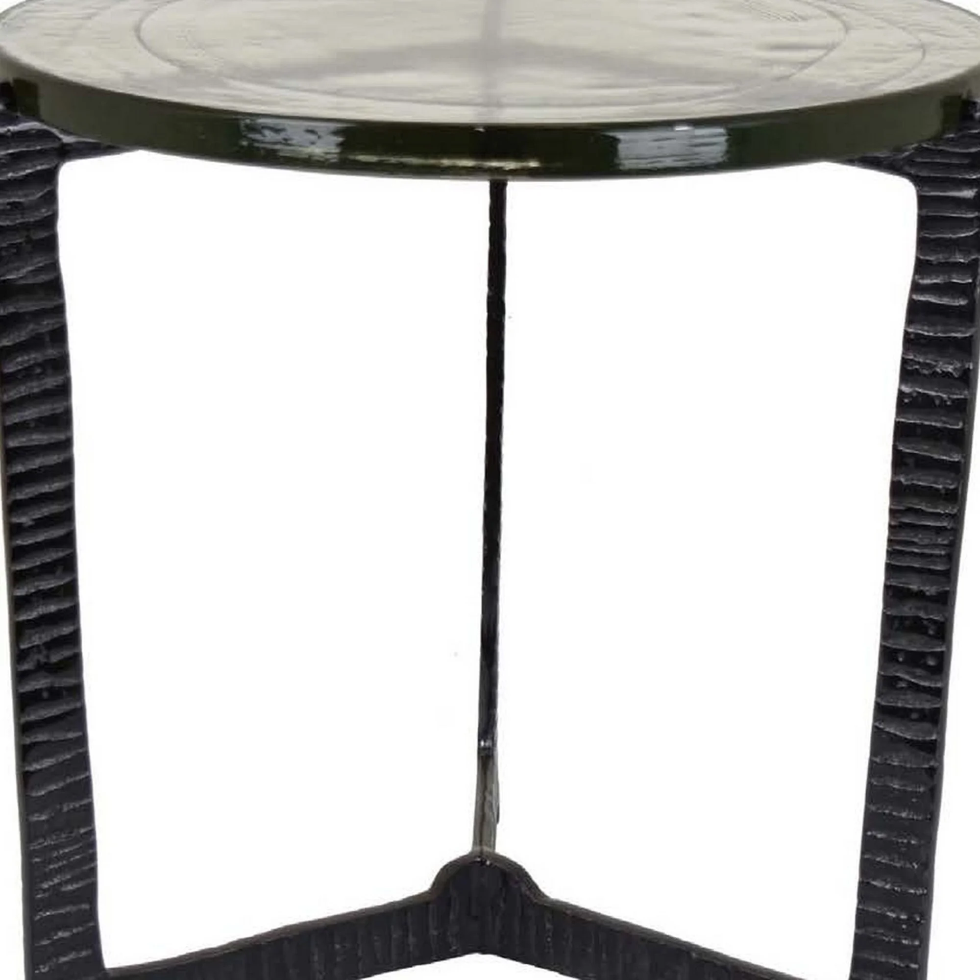 Benjara  19 in. Lune Glass Plant Stand Table with 3 Legged Metal Base, Black