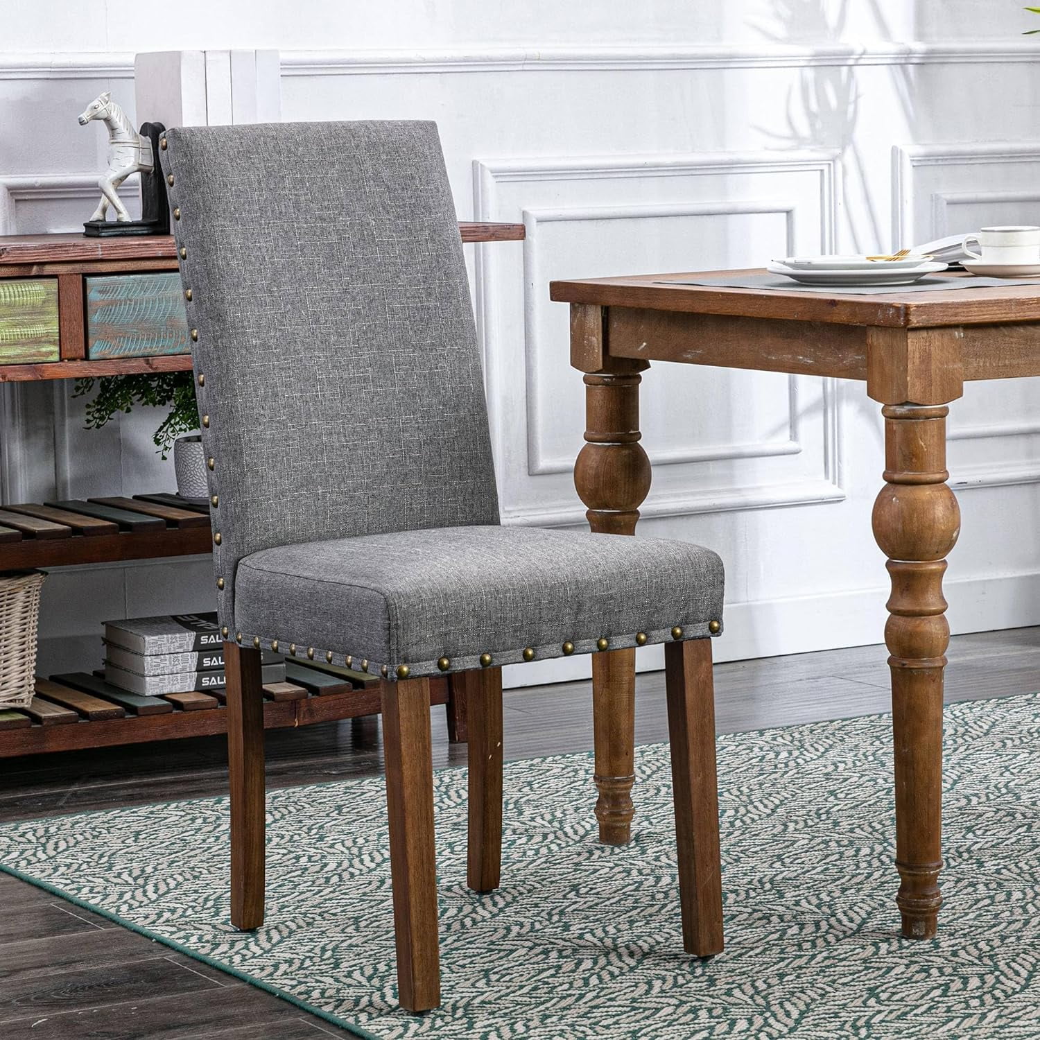 Upholstered Padded Dining Room Nailhead Trim and Solid Wood Legs Parsons Chair, Set of 2, Grey