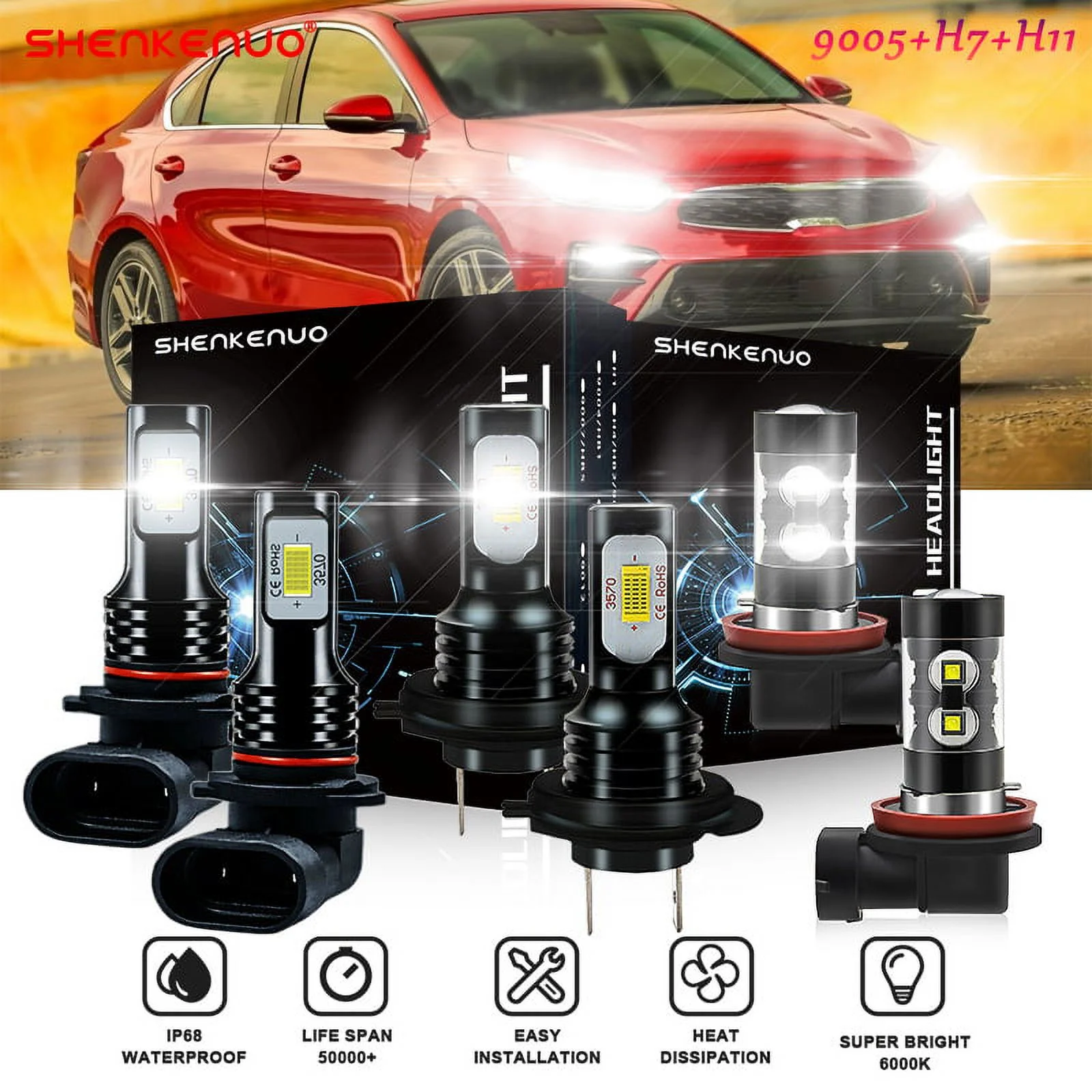 For Kia Forte 2017-2018 6000K 9005 H7 LED Headlight Bulbs High Low Beam + H11 Fog Lights Kit 6pcs Bright White