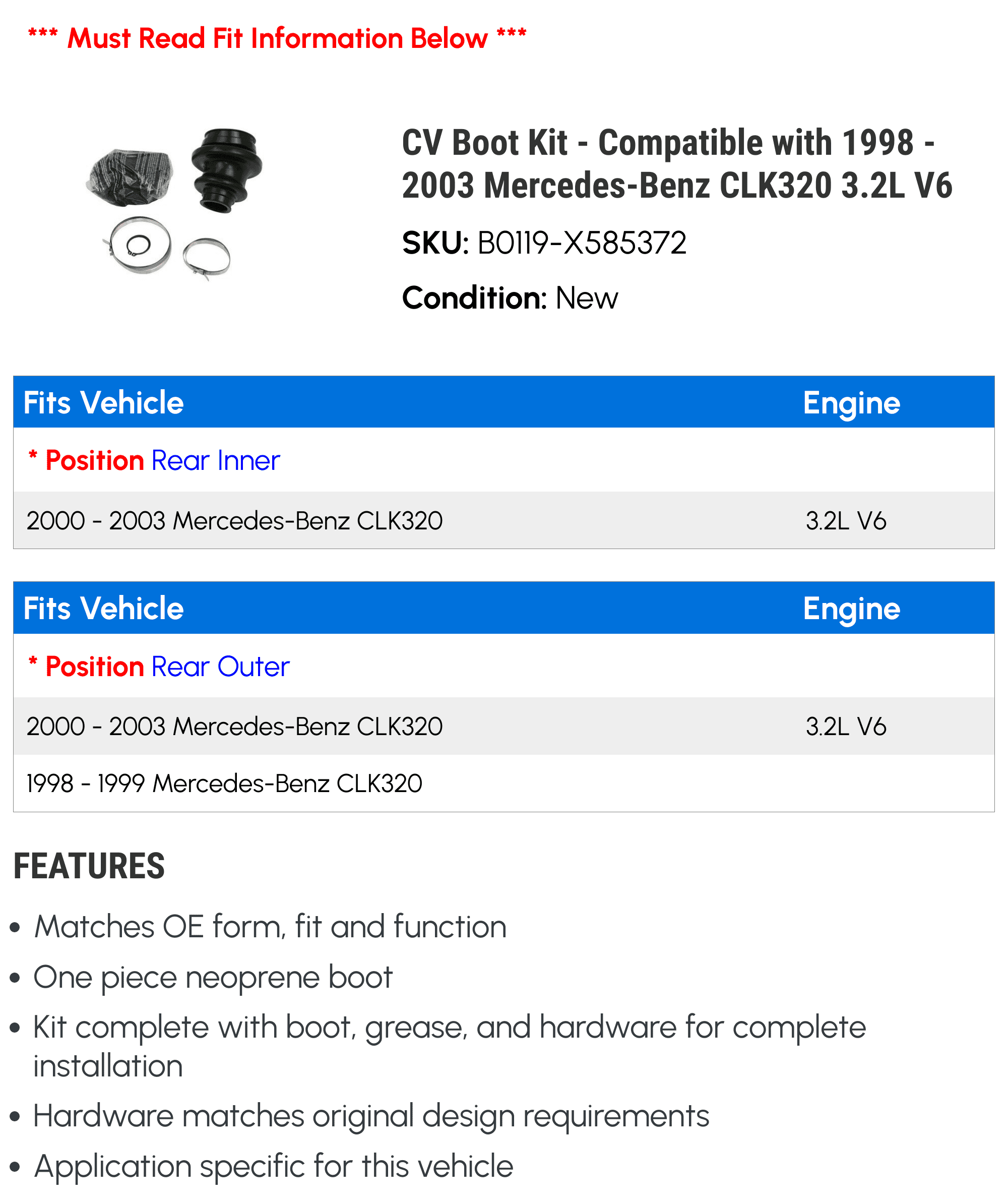 CV Boot Kit - Compatible with 1998 - 2003 Mercedes-Benz CLK320 3.2L V6 1999 2000 2001 2002