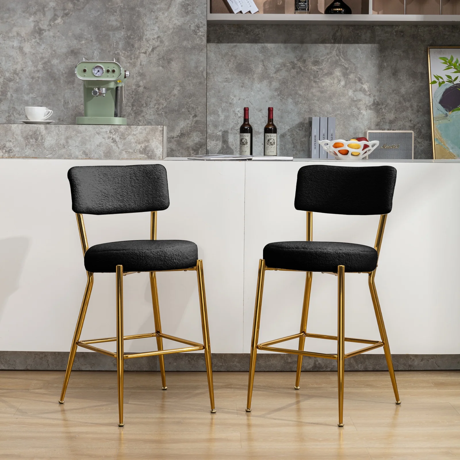ZAFLY 24”Counter Height Bar Stools, Teddy Fleece Velvet Dinning Chair with Metal Legs for Kitchen Island - Black, Set of 2