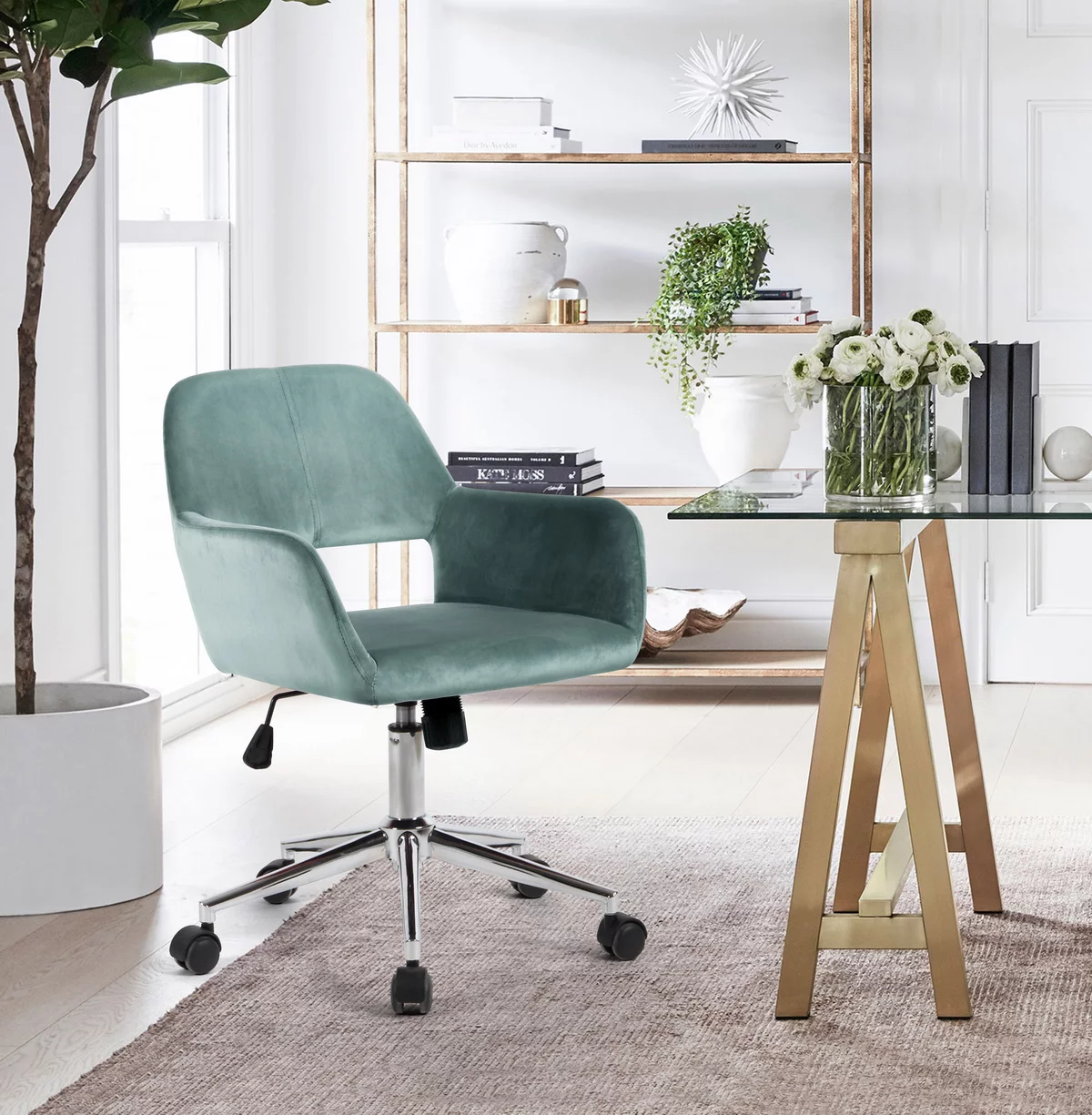 HouseInBox Home Office Computer Desk Chair,Velvet Upholstered Armchair Open Back Swivel Work Arm Chair,Aque