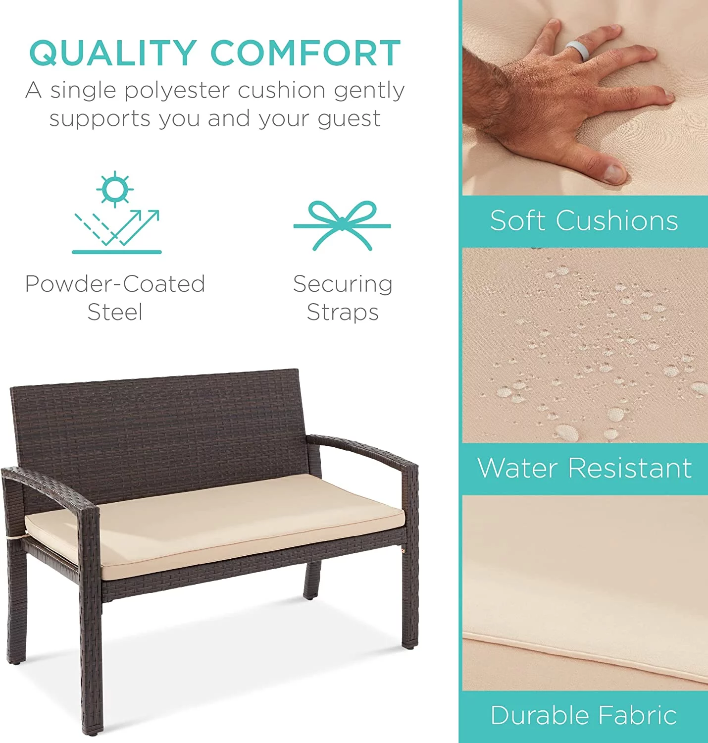 Outdoor Bench 2-Person Wicker Garden Patio Benches Seating Furniture for Backyard, Porch w/Seat Cushion, 700lb Capacity - Brown/Tan