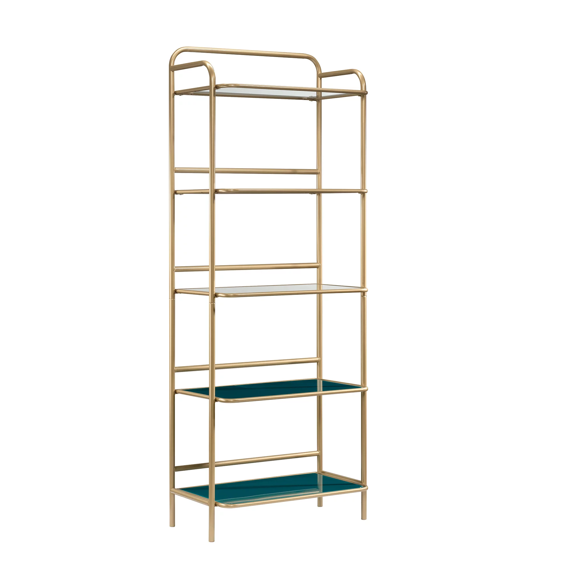 Sauder Coral Cape 5-Shelf Bookcase with Glass Shelves, Satin Gold Finish