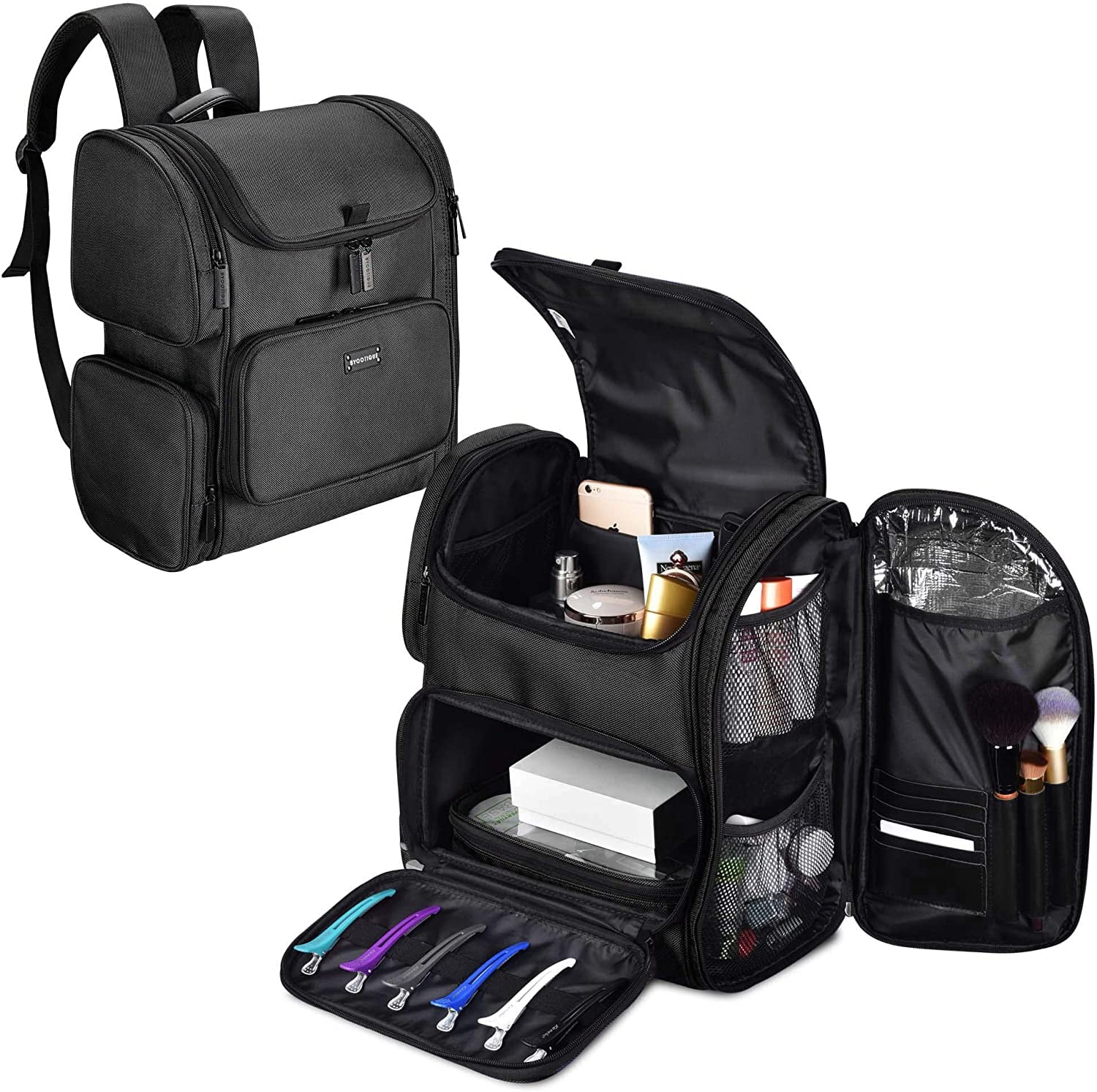 AW BYOOTIQUE Classic Black Makeup Train Case Soft Sided Cosmetic Backpack Storage Organizer Barber Carry on Travel with Side Pocket Removable Bag