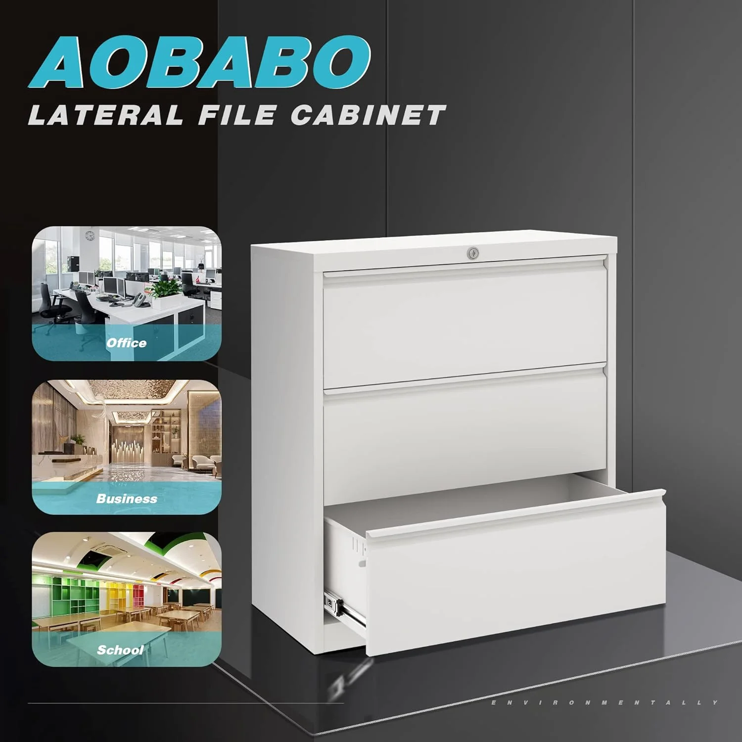 AOBABO Lateral File Cabinet with 3 Drawer, Metal Filing Cabinet with Lock, Letter/Legal Size ,Fast Assemble Anti-tilt Structure Cabinet for Home and Office,Assembly Required (White)