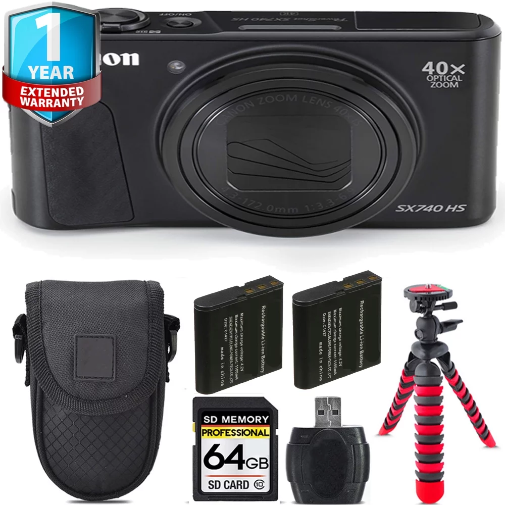 Canon PowerShot SX740 HS Digital Camera (Black) + Extra Battery +Tripod + 1 Yr Warranty -64GB Kit