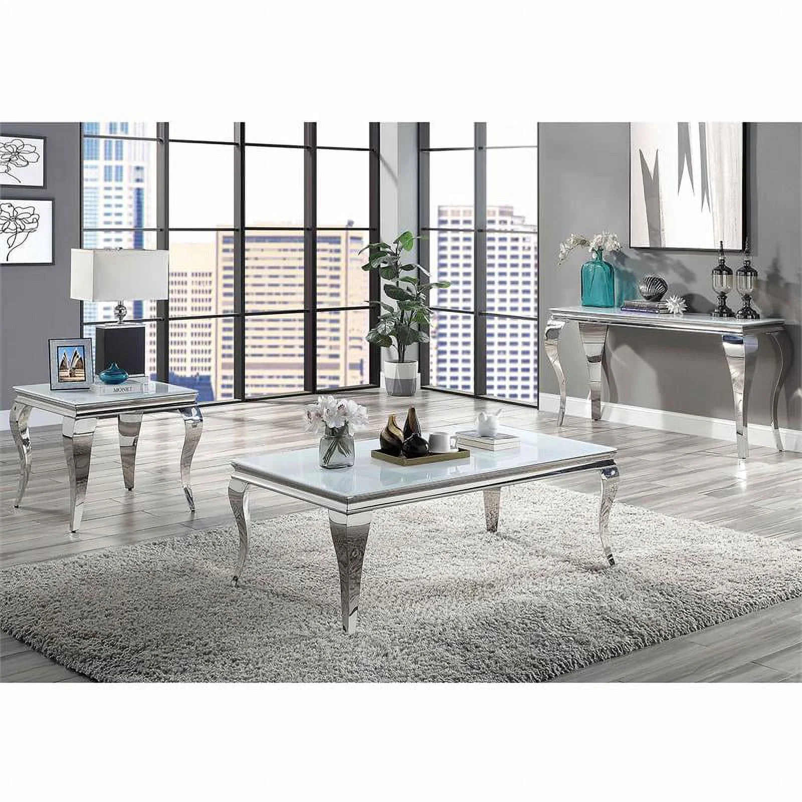 Furniture of America Alang Glam Glass Top Sofa Table in White and Silver