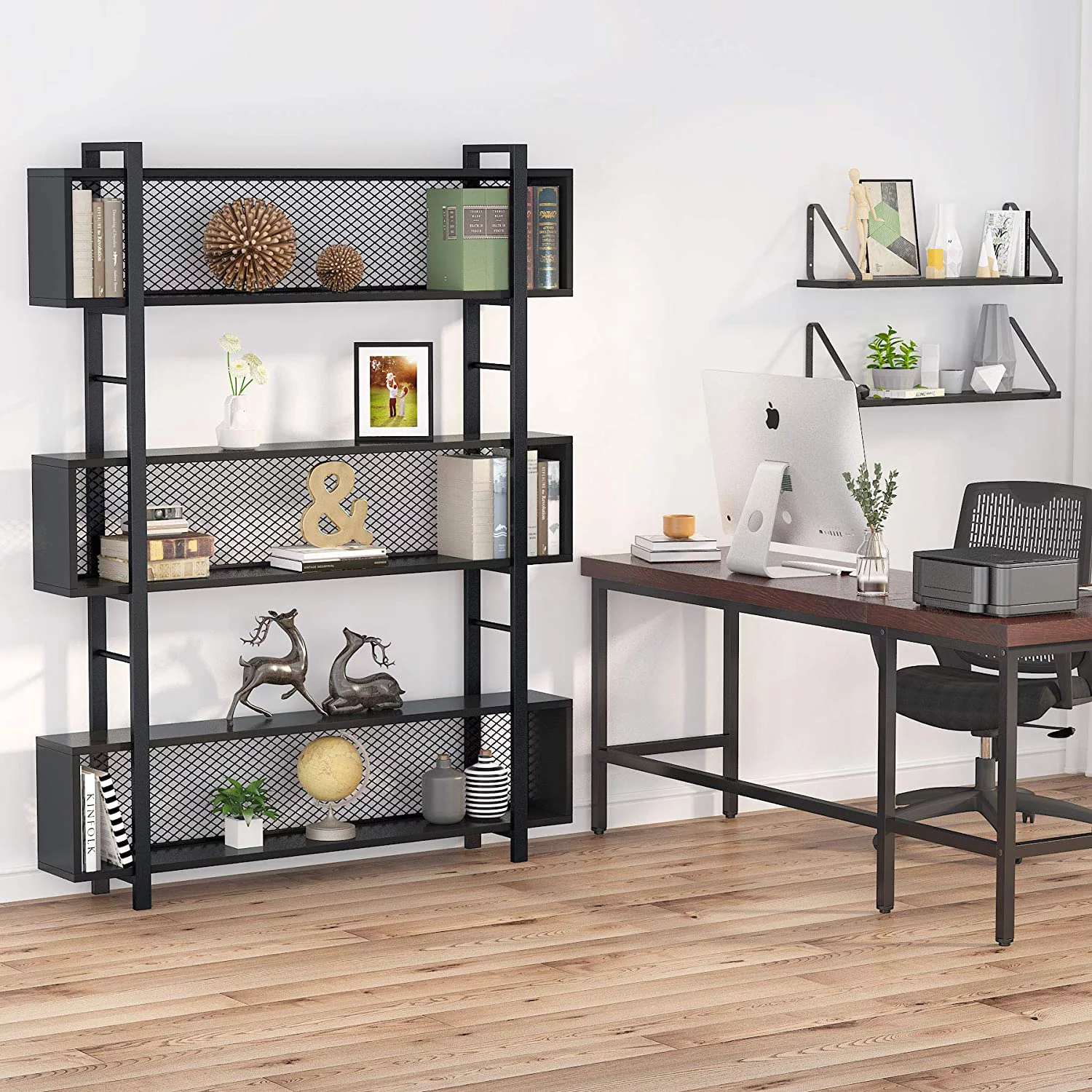 Tribesigns 5-Shelf Bookcase,Industrial Bookshelf Wood and Metal Open Display Shelf for Home Office(Black)