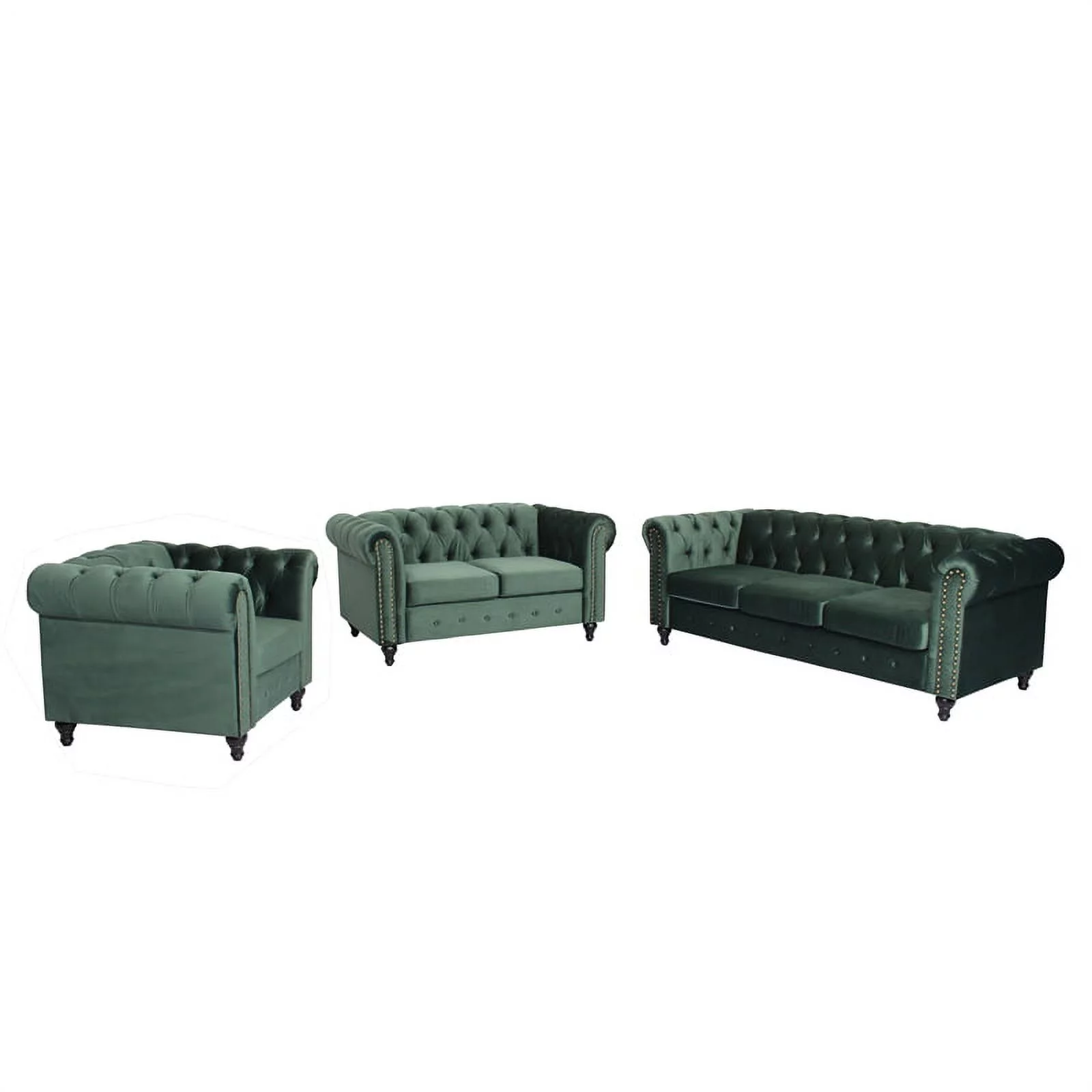 Home Square 3 Piece Set with Velvet Living Room Sofa Loveseat & Chair in Green