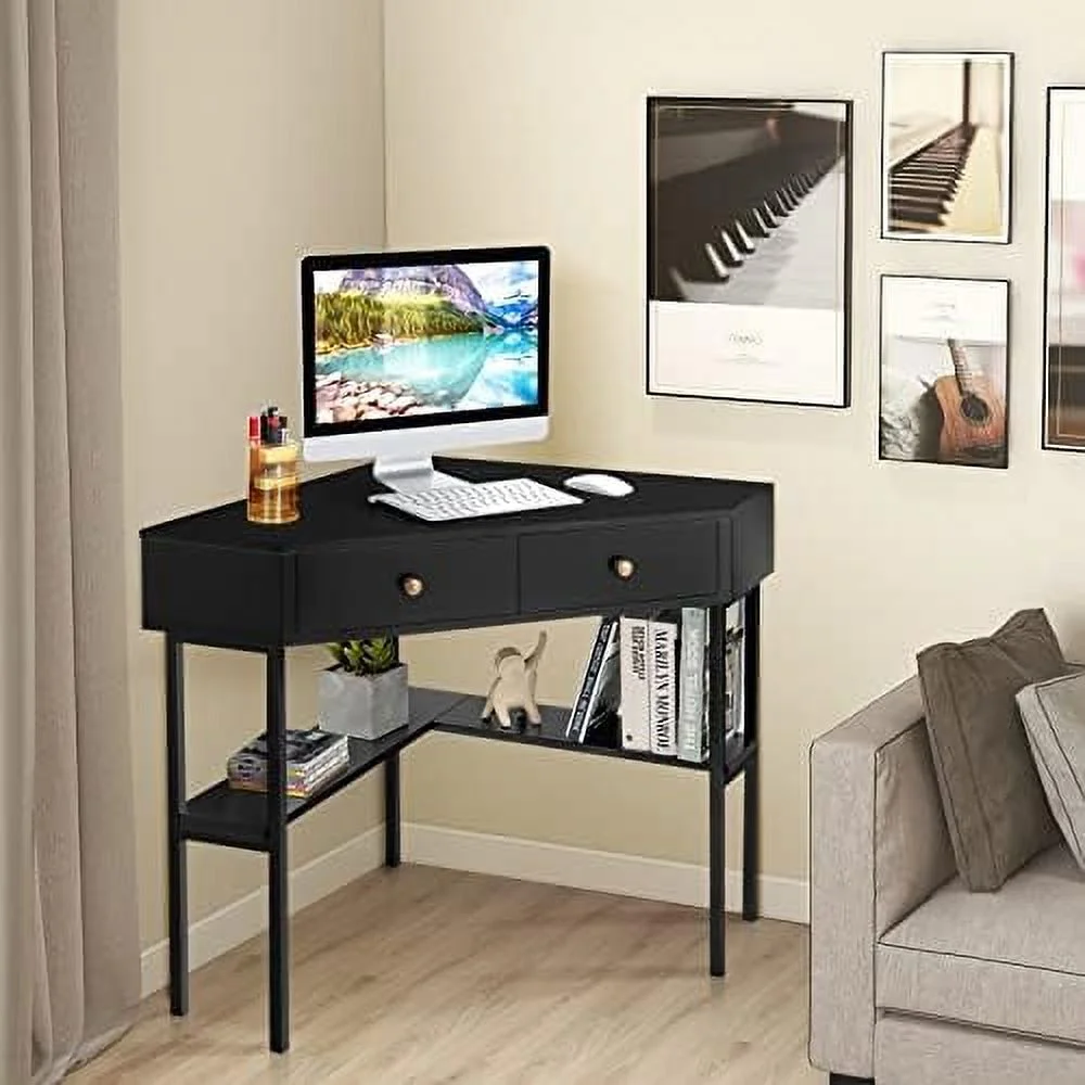 CHNJHUM Corner Desk with Drawers  90 Degrees Triangle Desk w/ Shelves and Metal Frame  Corner Writing Desk  Corner  Vanity Table  Small Corner Desks for Small Spaces (White)