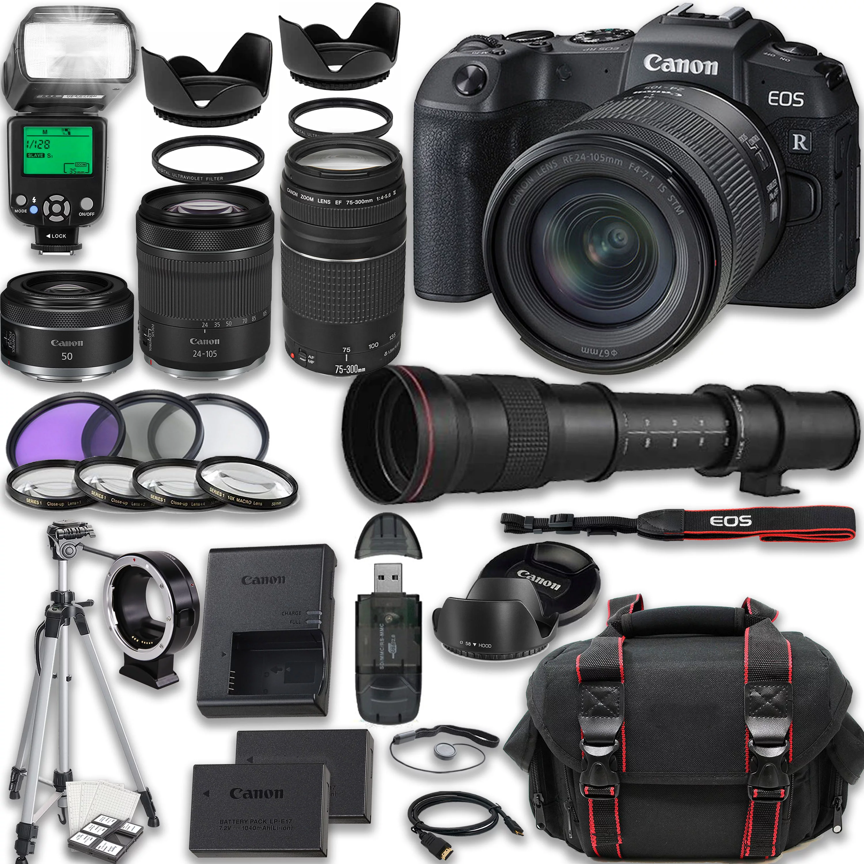 Canon EOS RP Mirrorless Camera with Canon RF 24-105mm STM + EF 75-300mm f/4-5.6 III + RF 50mm f/1.8 STM + 420-800mm HD Lenses + 2X 64GB Memory Cards + TTL Flash, Extra Battery, Case & More