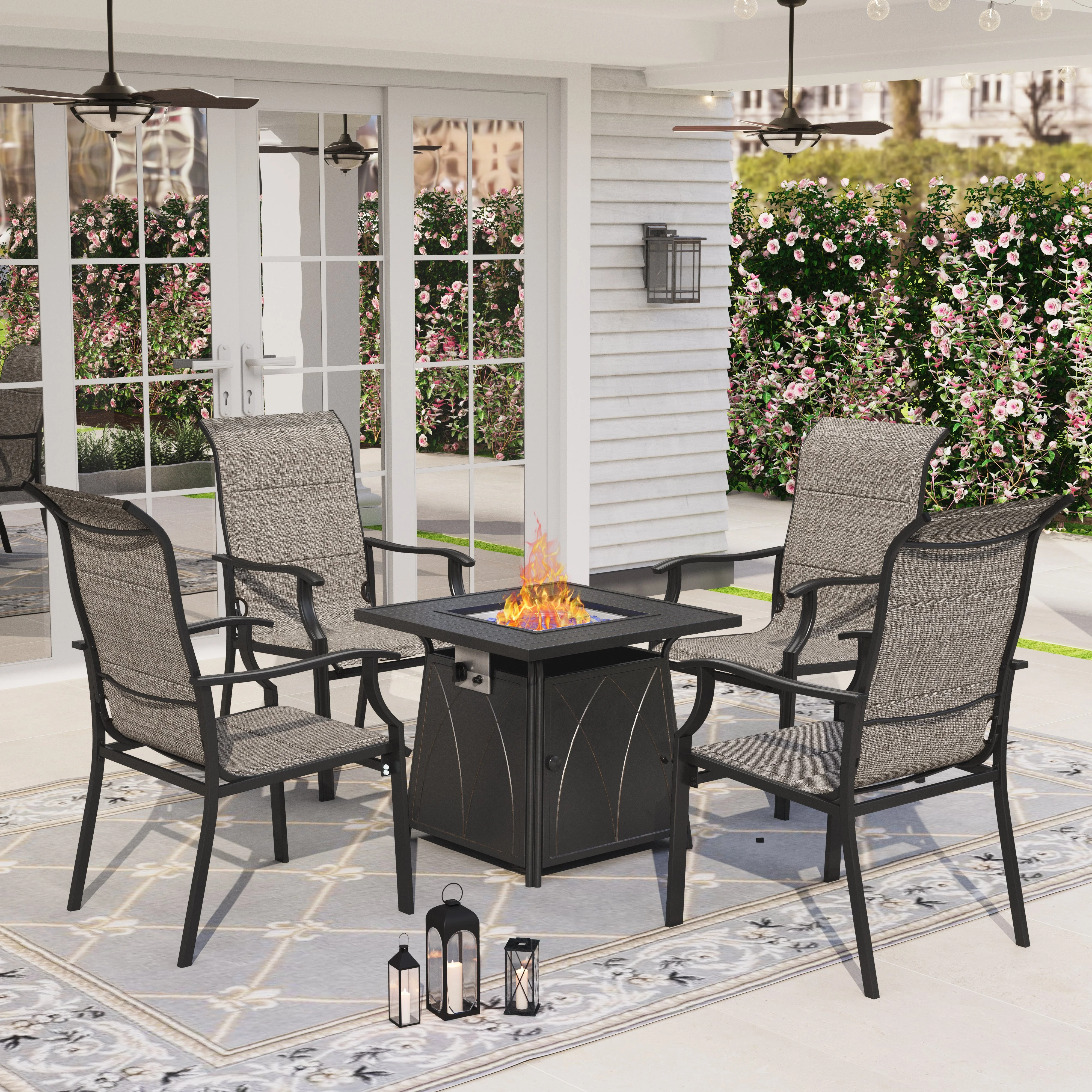 Sophia & William 5 Pcs Metal Patio Dining Set with Gas Fire Pit Table Outdoor Padded Textilene Furniture Set