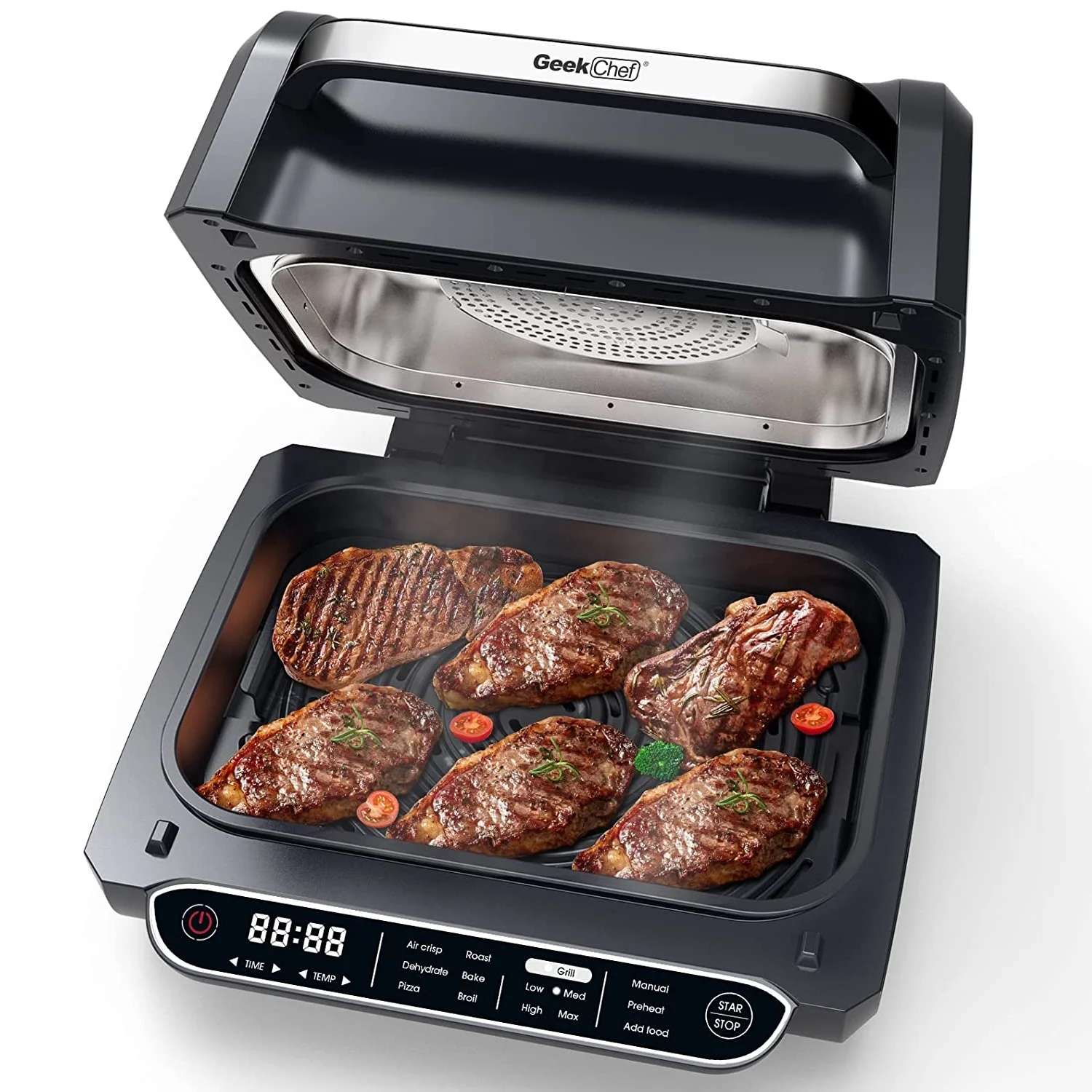Smart Air Fryer Indoor Grill Combo, 7-in-1 Baking Oven Roastor Cooking Pan Food Dehydration Smokeless & Oilless Cooker, Electric Countertop Griddle, E-Recipes & Accessories, ETL Certified, Black