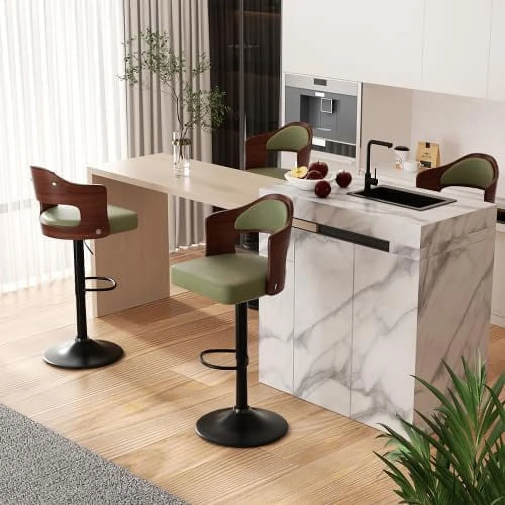 SQFGHB Swivel  Stools Set of 4 Seat Adjustable Height 24.5-33.5IN  Wooden Barstools PU Leather Upholstered  Chairs with Back & Footrest for  Kitchen Dining Room White